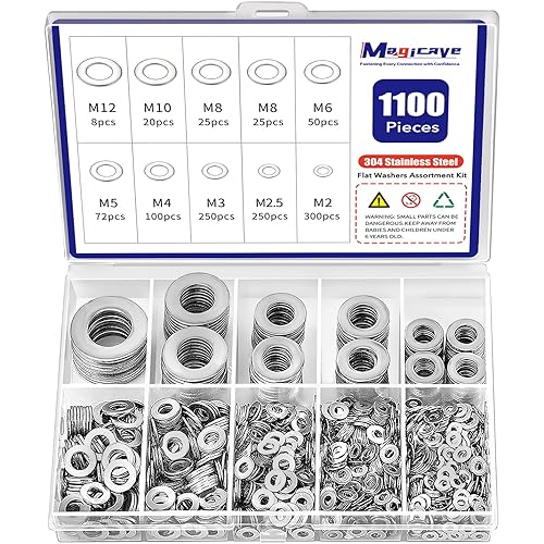 1100 Pcs Flat Washers Assortment Kit – 304 Stainless Steel, 9 Metric Sizes (M2–M12), Metal Washers for Screws and Bolts – Ideal for Automotive, Construction, Industrial, and DIY Use