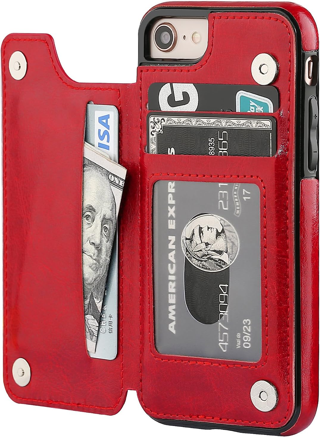 ONETOP for iPhone SE(2022) iPhone SE(2020) iPhone 7/8 Wallet Case with Card Holder, Premium PU Leather Kickstand Card Slots, Double Magnetic Clasp and Durable Shockproof Cover 4.7 Inch(Red)