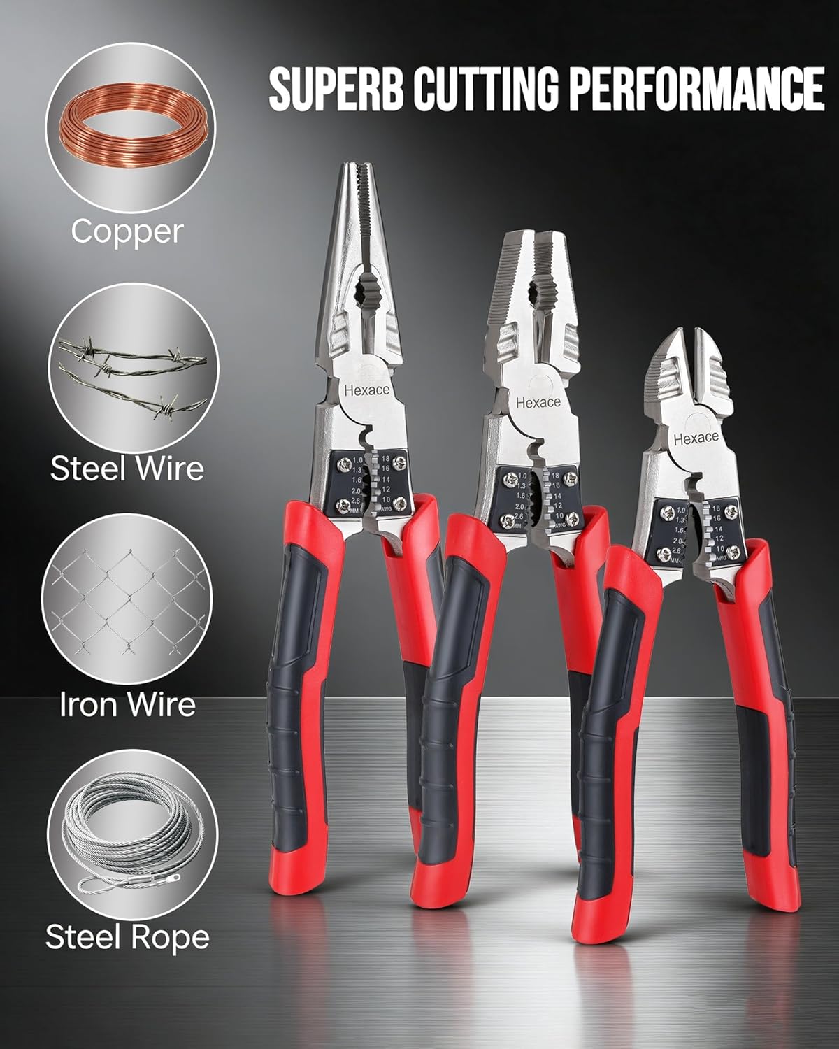 3 Pcs Plier Set Multi-Purpose, Includes 8.5-Inch Linemans, 9 Inch Needle Nose and 7.5 Inch Diagonal Side Cutter