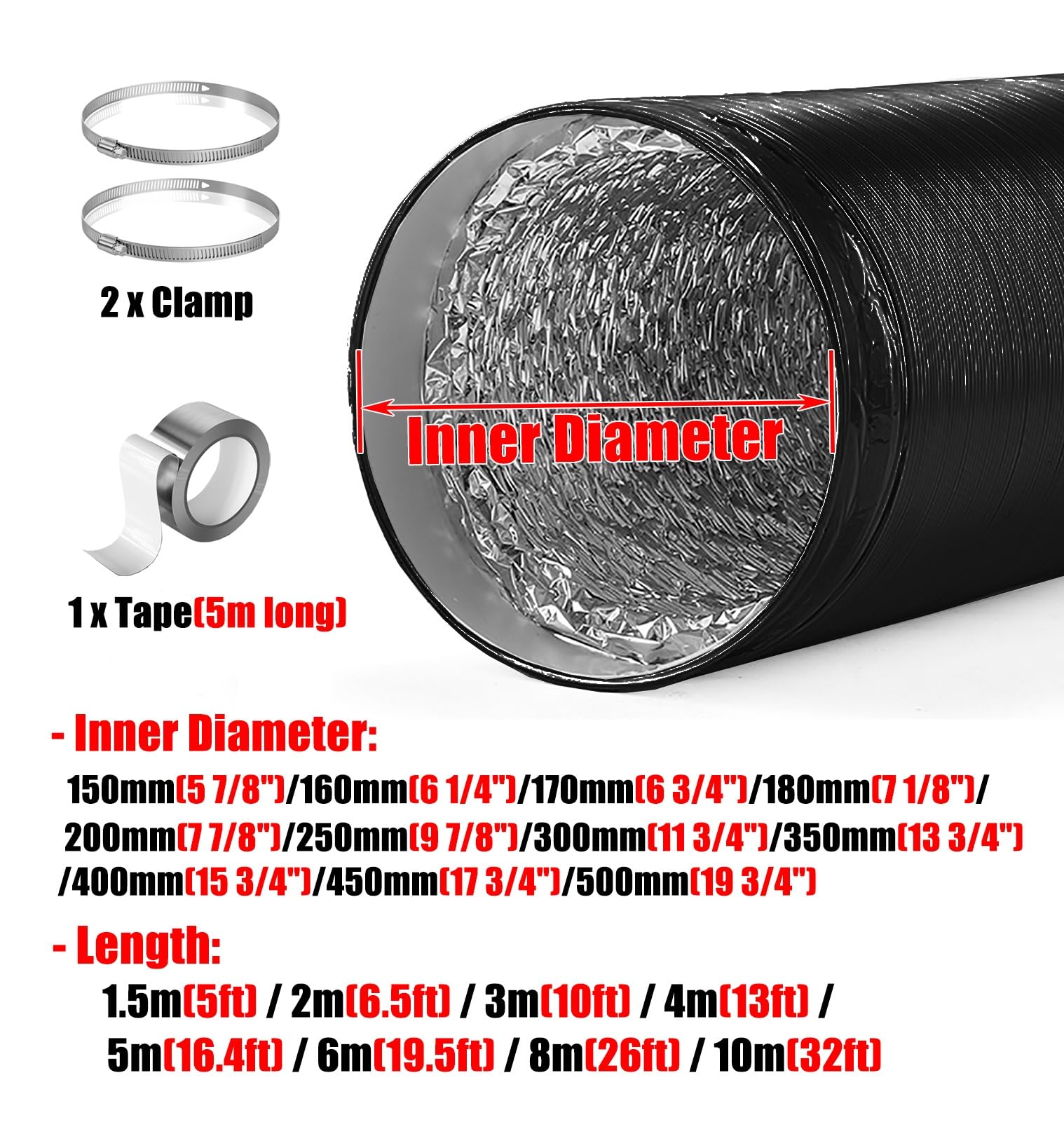 Tubo Flexible Tubo Secadora Manguera de Ventilación de Secadora con Conducto Flexible para Espacios Reducidos, 150-500 Mm Kit de Tubo de Escape Flexible para Campana Extractora de Cocina, Manguera de
