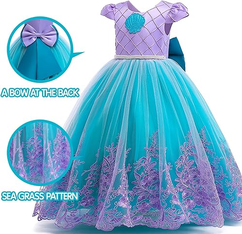 Vista 4 de UPORPOR Vestido de sirena iluminado para niñas, disfraz de Halloween de princesa de pez, disfraz para fiesta de cumpleaños, morado y azul