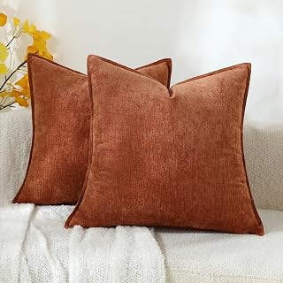 Stellhome Pack of 2, Soft Chenille Soild Throw Pillow Covers Accent Cushion Case Boho Farmhouse Neutral Decorative Pillowcase for Couch Sofa Bedroom Living Room Home Decor 16 x 16 Inch, Burnt Orange
