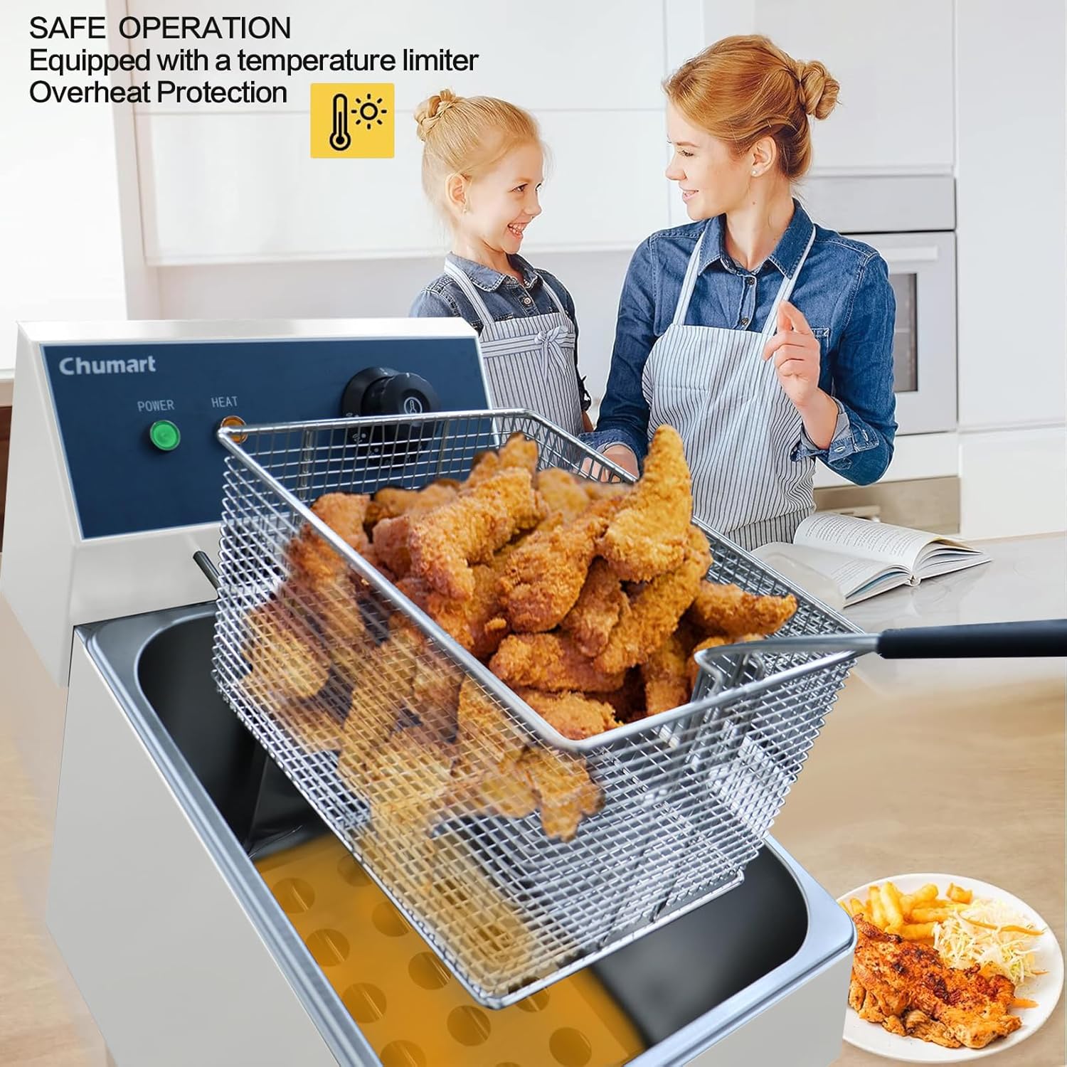 Electric Deep Fryer 8L/8.4QT 1650W Commercial Countertop Fryer with Basket & Lid Stainless Steel Single Tank Oil Fryers with Temperature Control for Home Kitchen and Restaurant Snack Stand