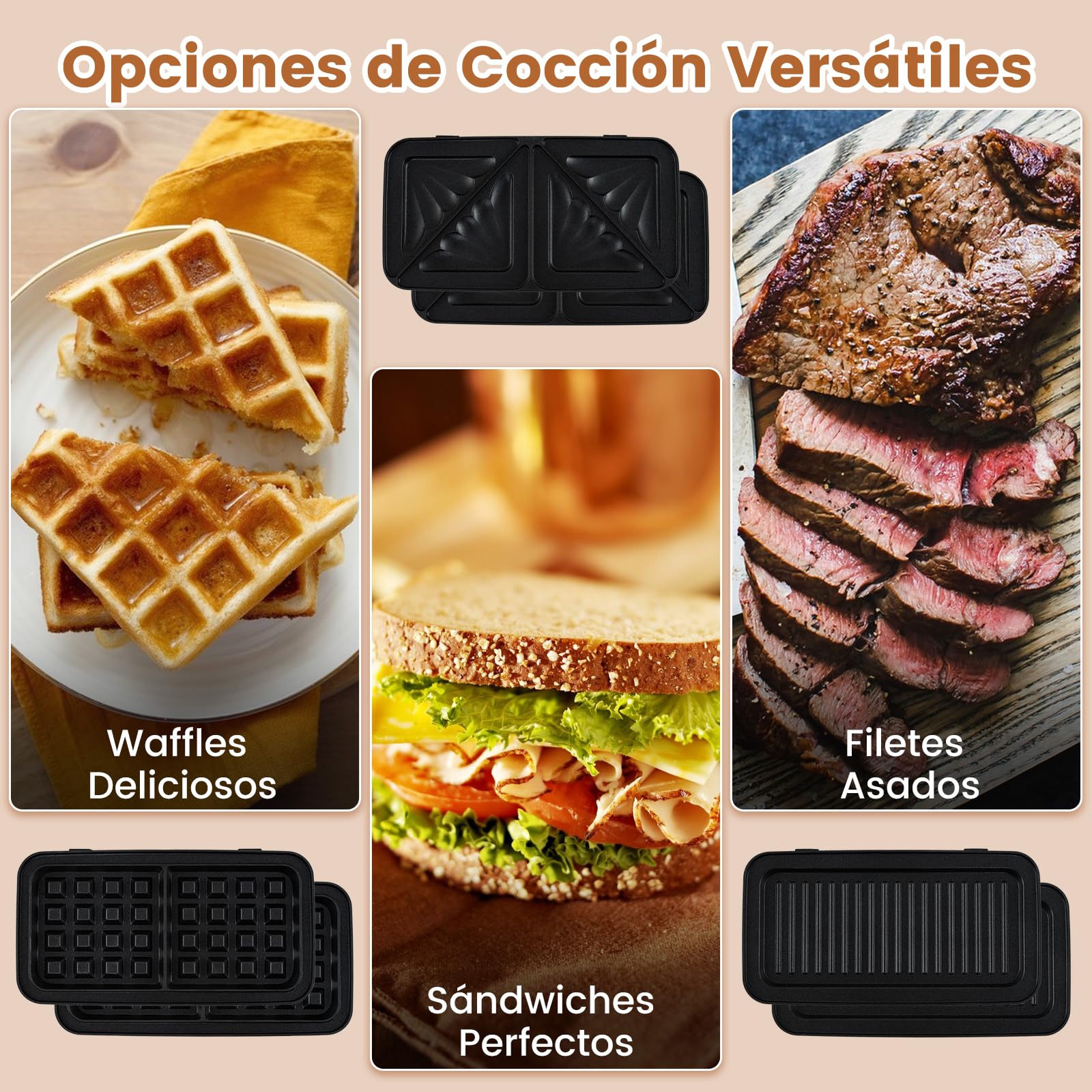 COSTWAY Sandwichera 3 en 1, 1082W Tostadora Grill con Placas Antiadherentes Extraíbles para Sándwich, Temperatura de 5 Niveles, Libre de BPA, Plancha Eléctrica para Panini con LED, Asas Frías al Tacto