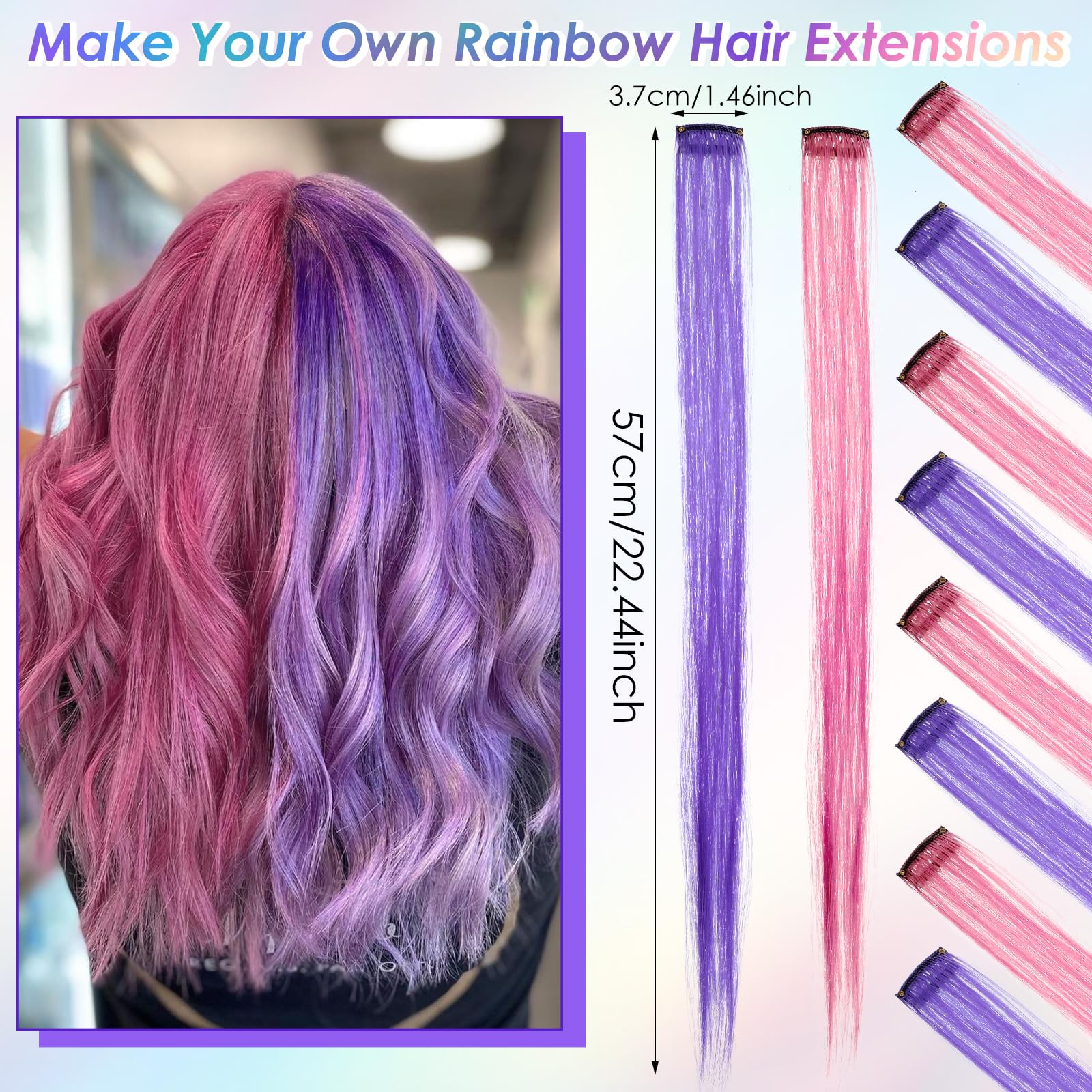 Oruola 16pcs Coloured Hair Extensions,Hair Extensions Clip in Kids,22 Inch Purple Hairs Extension,Highlighted Colourful Straight Synthetic Hairpieces for Party and Daily Use - Image 2