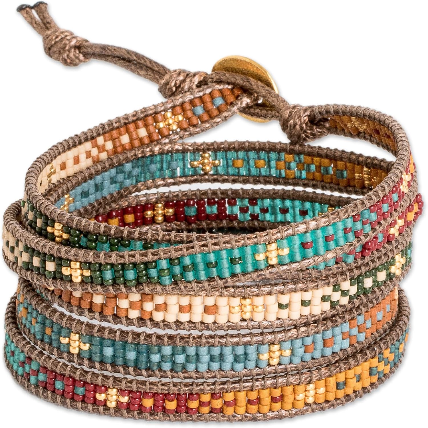 NOVICA Artisan Handcrafted Pewter Beaded Bracelet | Colorful Wrap | Button Closure | Cultural Heritage | Glass Beads | Waxed Nylon Cord | Guatemala 'Cerro de la Cruz in Brown' | 35" L x 0.3" W