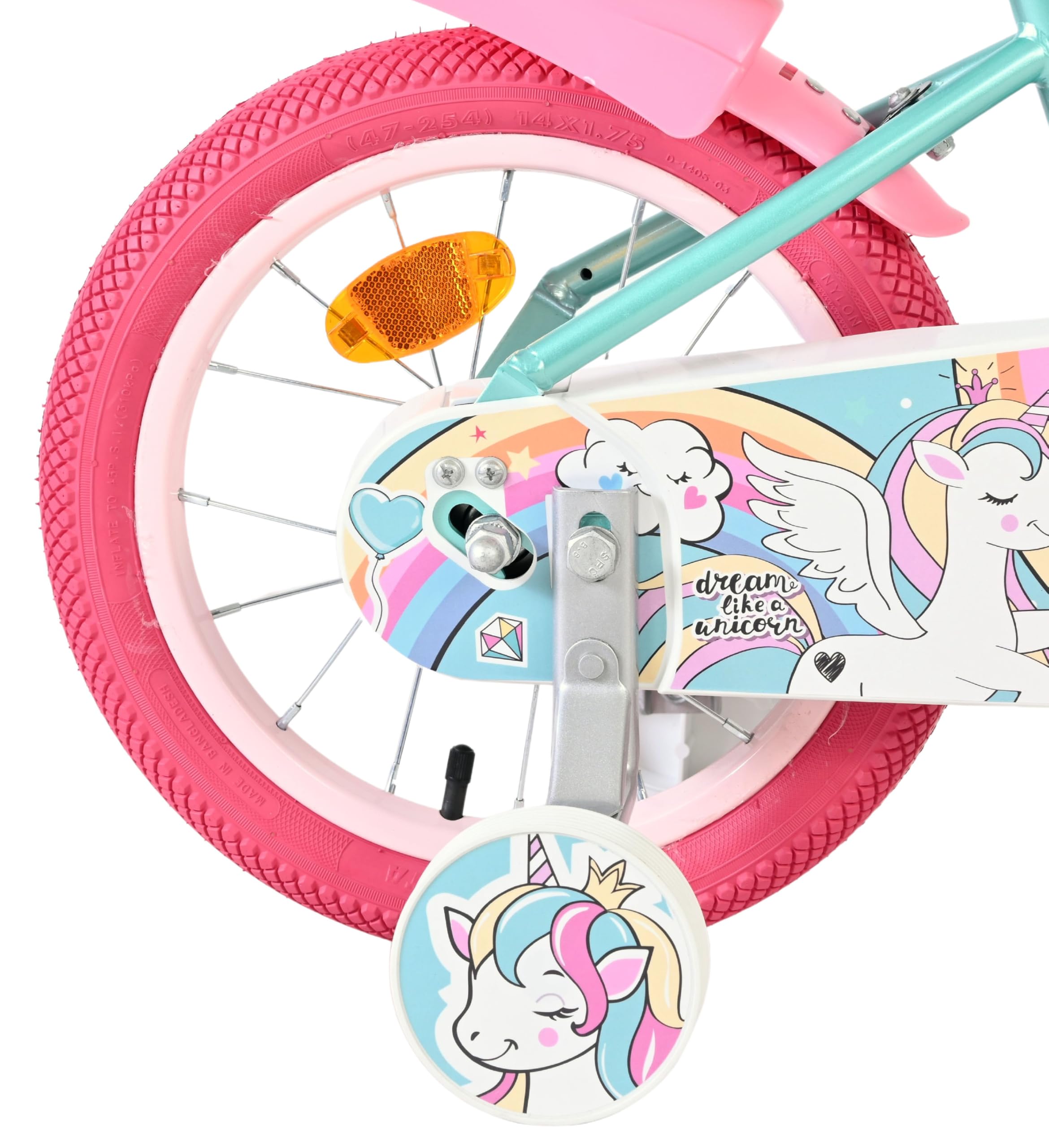 Volare Einhorn Kinderfahrrad Green | 3,5–5 Jahre | 14-Zoll-Räder | Hand- & Rücktrittbremse | Stützräder | Verstellbarer Sattel | Puppensitz Achter & Korb voor | Geschenk voor meisjes
