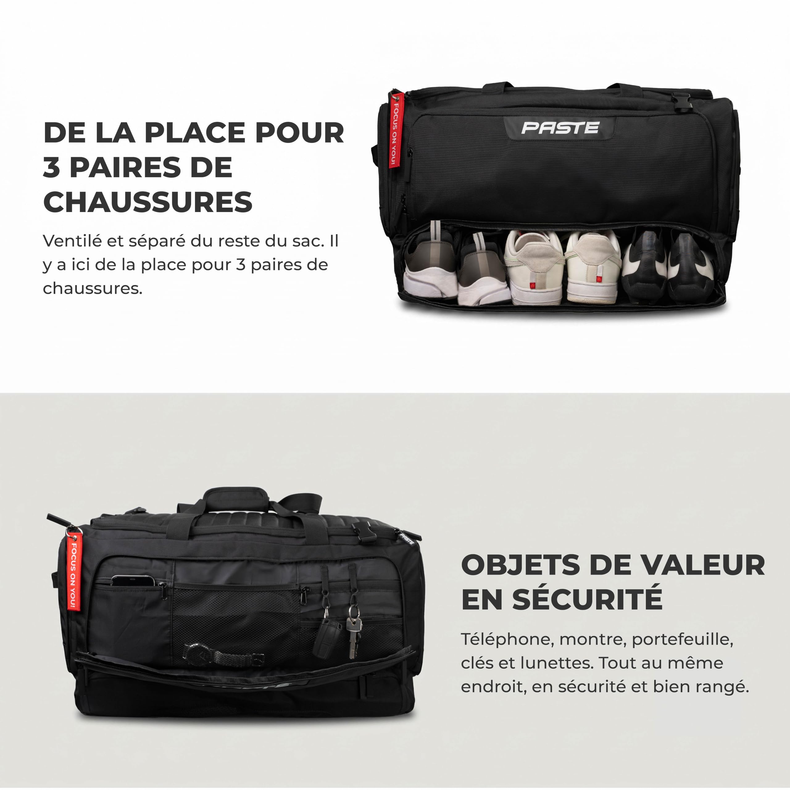 PASTE® - Sac de Sport 68L & Sac de Voyage XL avec Fonction Sac à Dos – Compartiment Chaussures, Poche Isotherme & Compartiment Humide – Fitness, Musculation, Football, Natation – Gym Bag Homme Femme