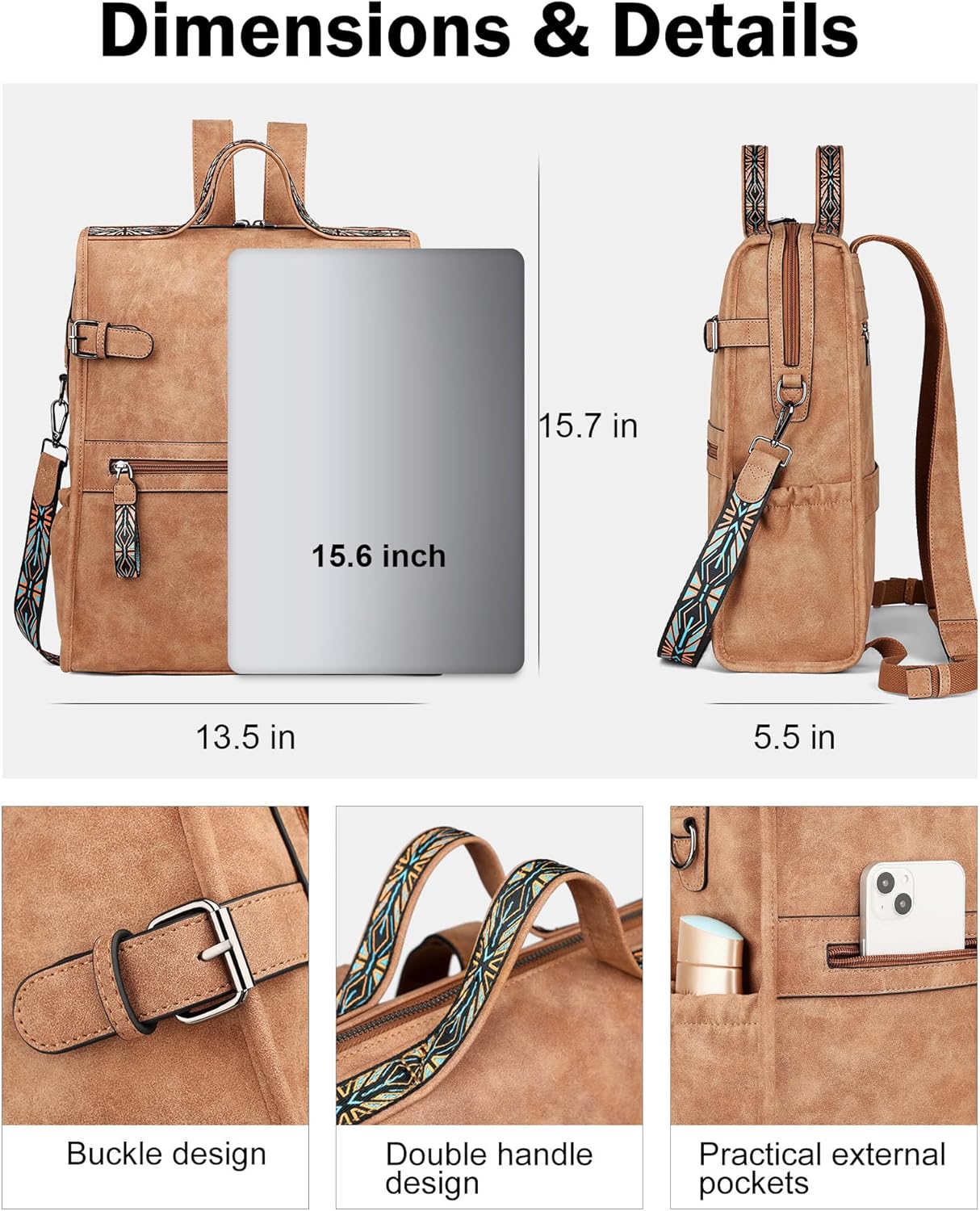 FADEON Leather Laptop Backpack for Women, Designer Ladies Work Travel Computer Backpack with Laptop Compartment Suede Brown - Image 2