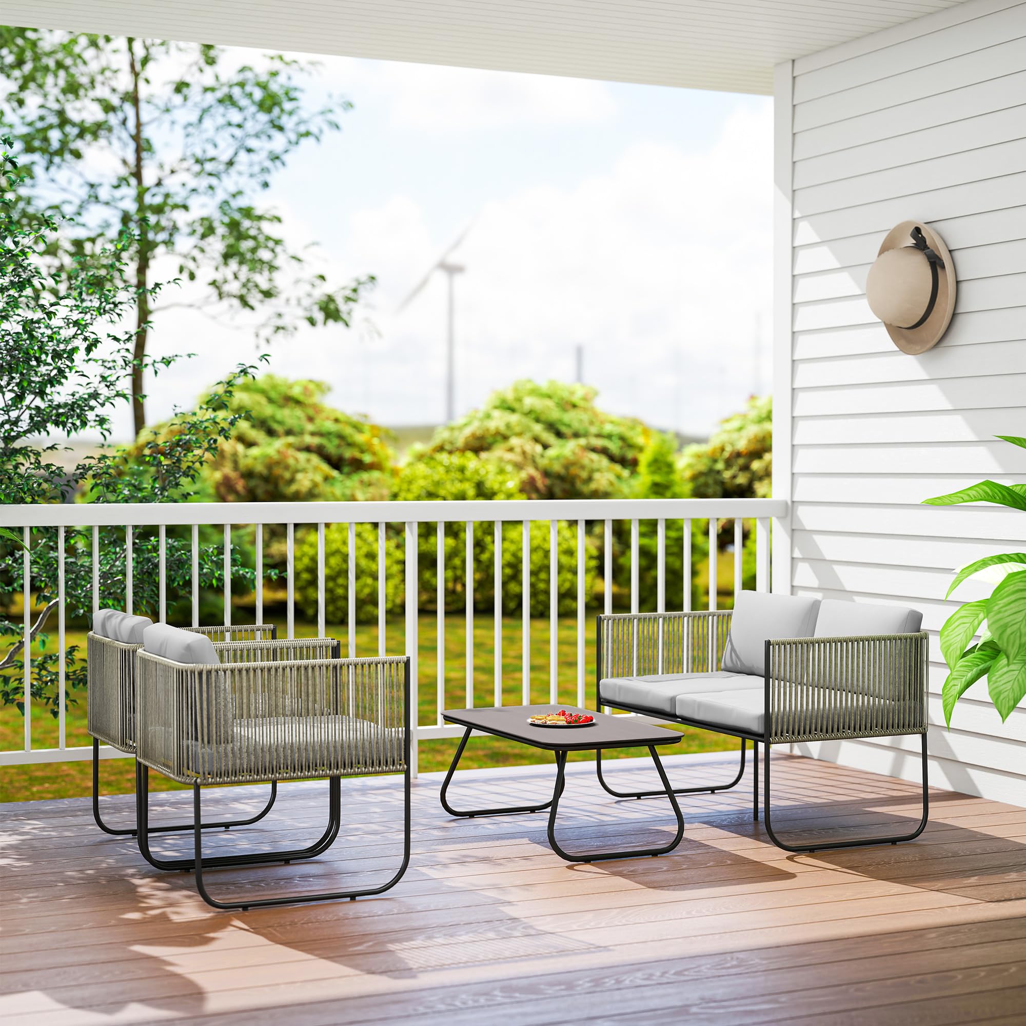 Outsunny Set di Mobili da Giardino in Rattan 4 Pezzi, Salotto da Esterno con Divanetto 2 Posti, 2 Poltrone, Tavolo da Caffè in Vetro e Cuscini Lavabili, Set Giardino Esterno in Acciaio, Grigio Chiaro
