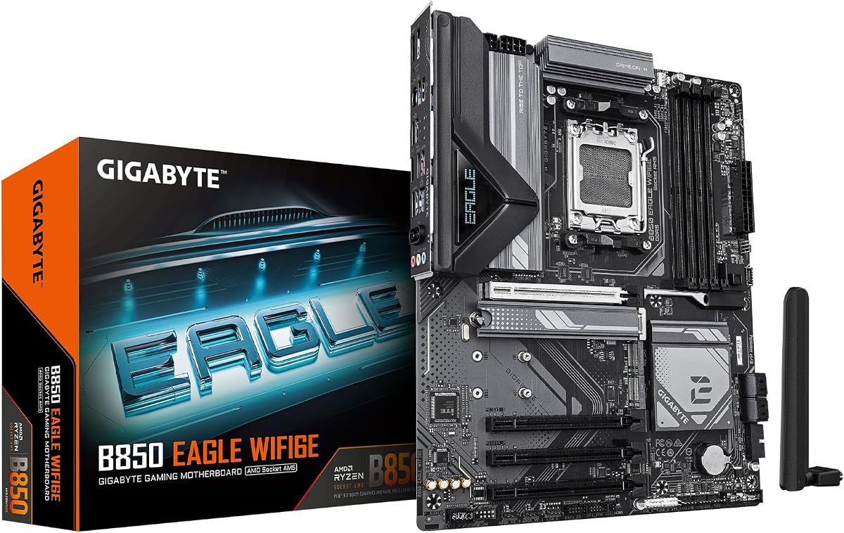 Placa base GIGABYTE B850 Eagle WIFI6E AMD AM5 ATX, compatible con AMD Ryzen 9000/8000/7000 Series, DDR5, 8+2+2 Power Phase, 3X M.2, PCIe 5.0, USB-C, WIFI6E, GbE LAN, EZ-Latch, 5 años de garantía