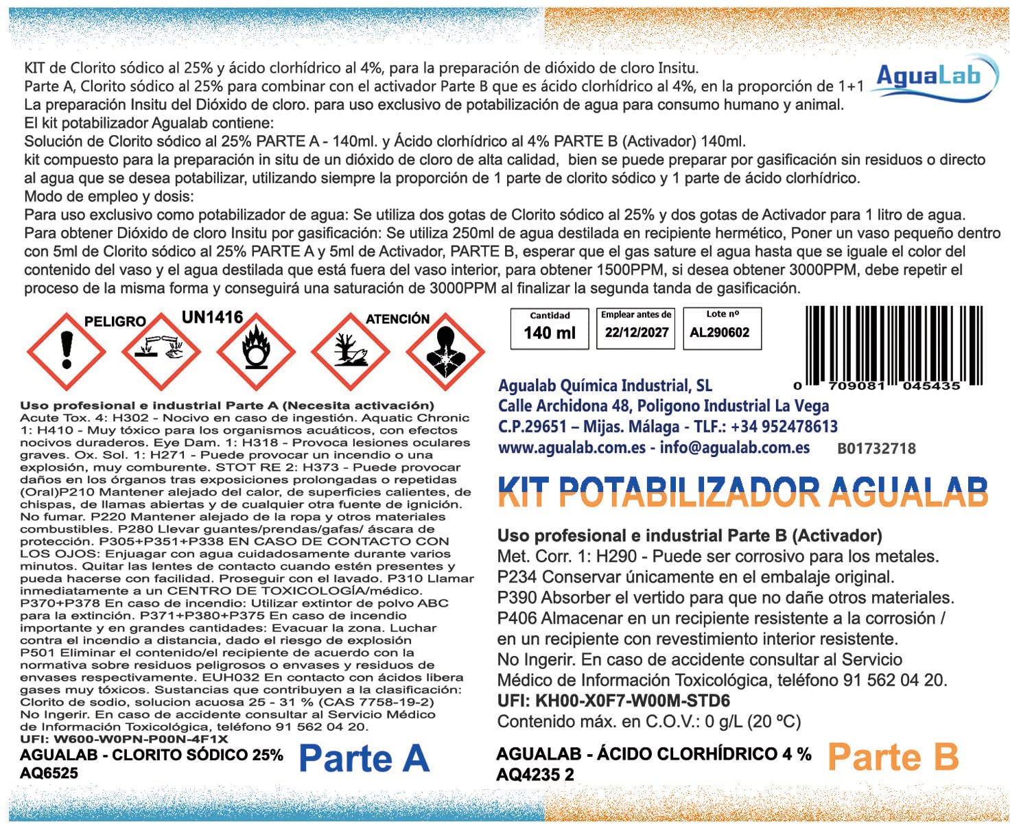 Zestaw do roztworu wody 140 ml do produkcji dwutlenku chloru | Nie nadaje się do bezpośredniego spożycia przez ludzi.