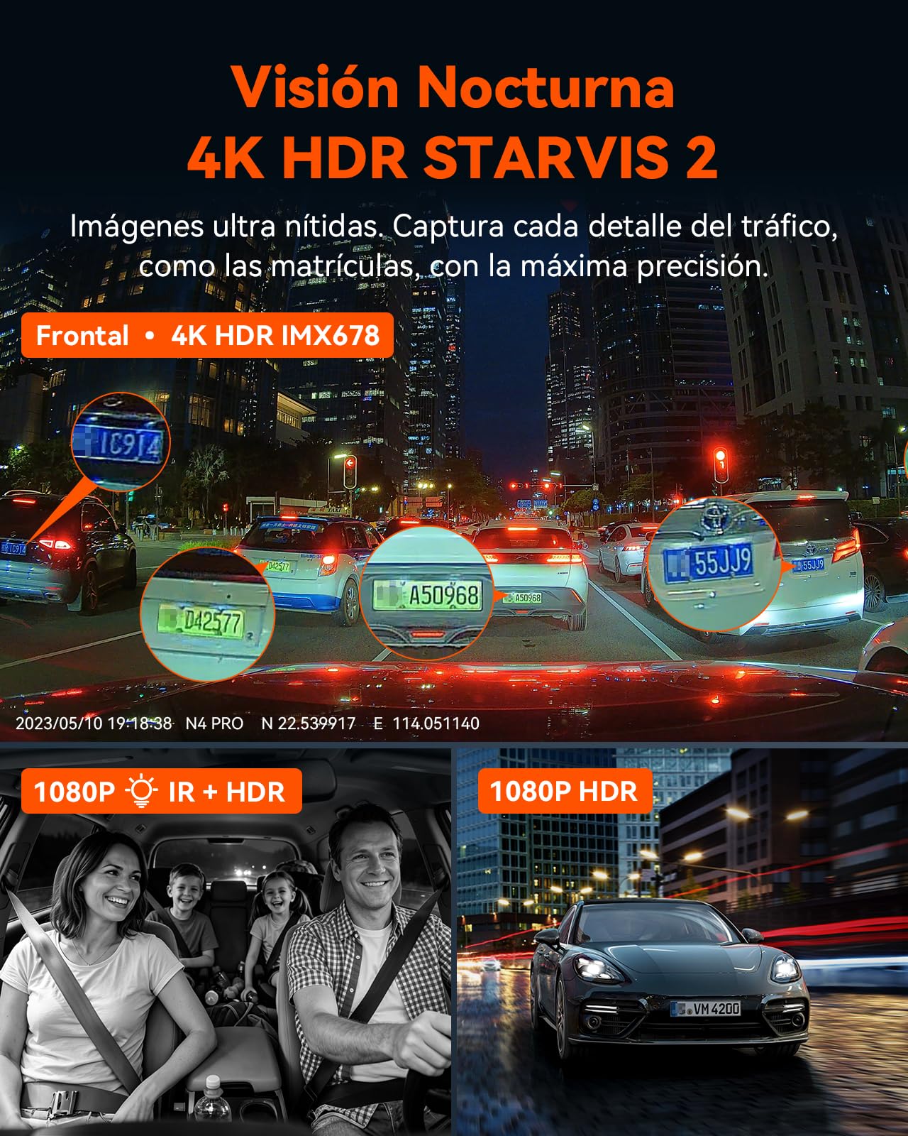 VANTRUE N4 Pro Cámara de Coche WiFi 4K de 3 Canales, Visión Nocturna STARVIS 2 IMX678, 1080P/30FPS, Control de Voz, GPS, HDR, Modo de Estacionamiento 24 Horas, Soporte 512GB Máx.