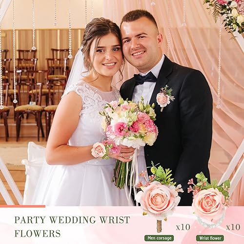 Miniatura 4 de Sherr Juego de 20 ramilletes de rosas y boutonniere, ramillete de muñeca de flores, pulsera de pulsera para novios y hombres, Boutonniere de boda,