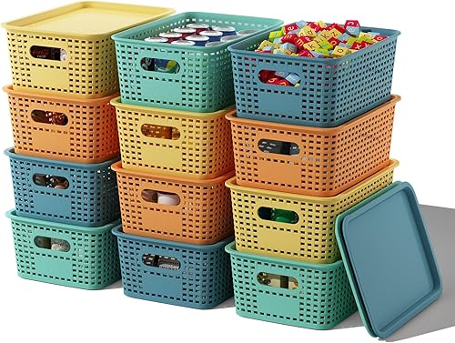 Vista 10 de Cesta de almacenamiento de plástico con tapas, paquete de 10 contenedores apilables de colores con tapa, cajas de almacenamiento decorativas