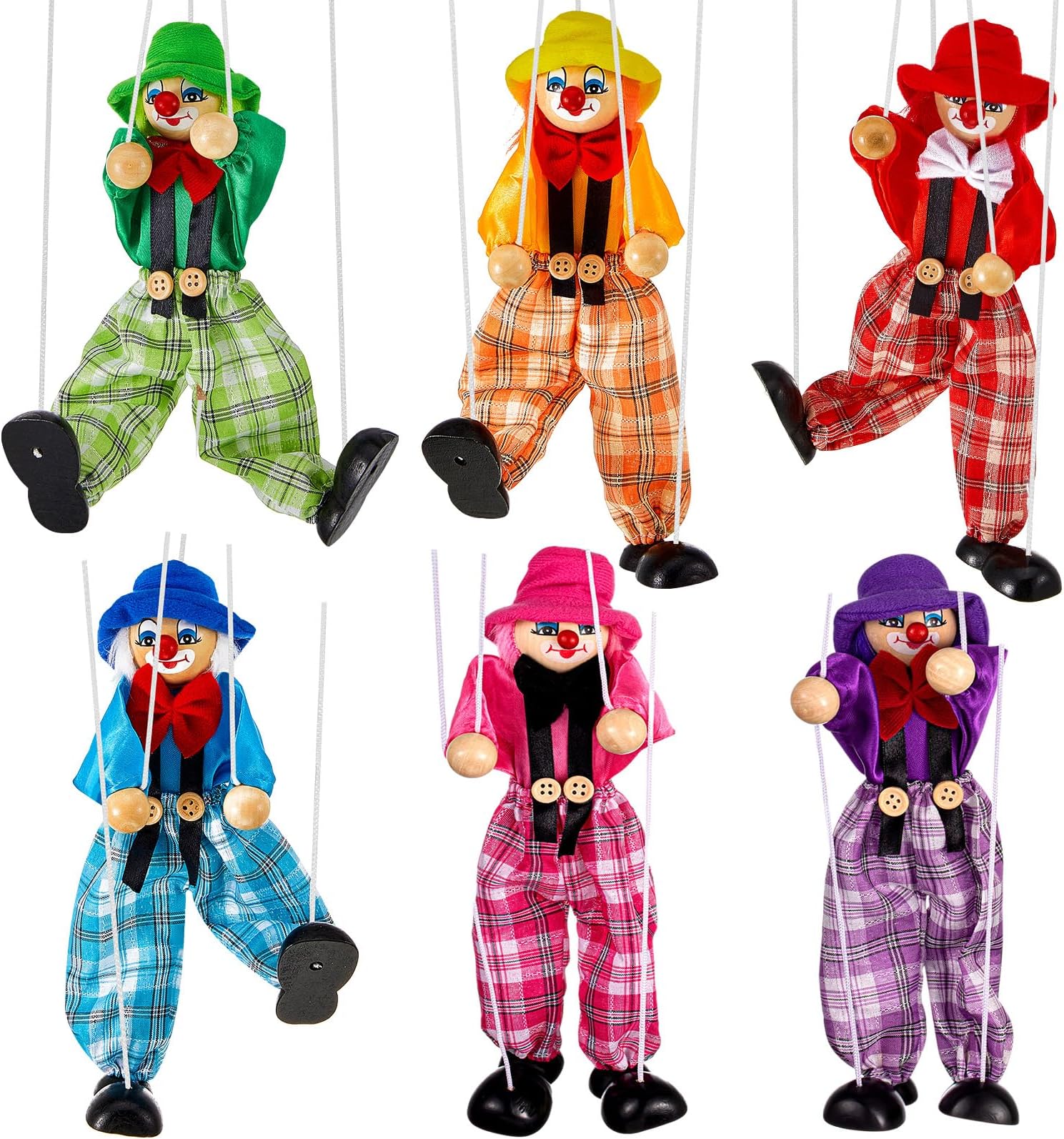 Meooeck 6 Pack Wooden Marionette Puppets Pull String Puppets, Include 6 Colors Clown Marionette String Clown Doll for Birthday Theater Puppetry Party