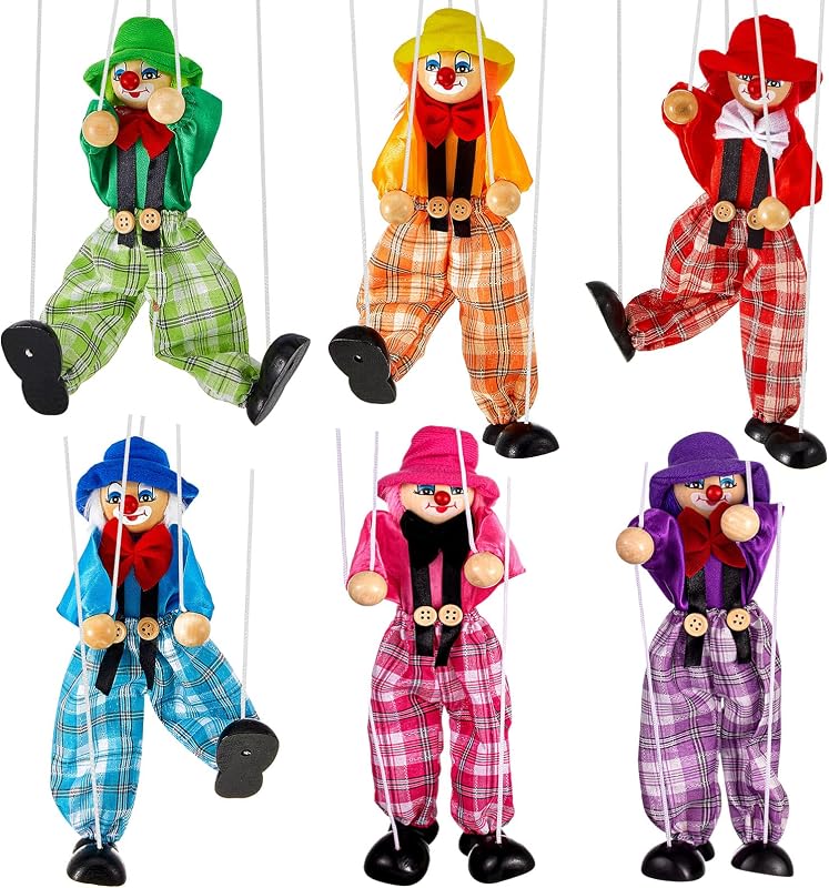 Meooeck Paquete de 6 marionetas de madera para tirar de cuerda | Marioneta de payaso colorida para marionetas de teatro de fiesta de cumpleaños, sistema de Control de cuerda de tracción, suministro de decoración artesanal de madera