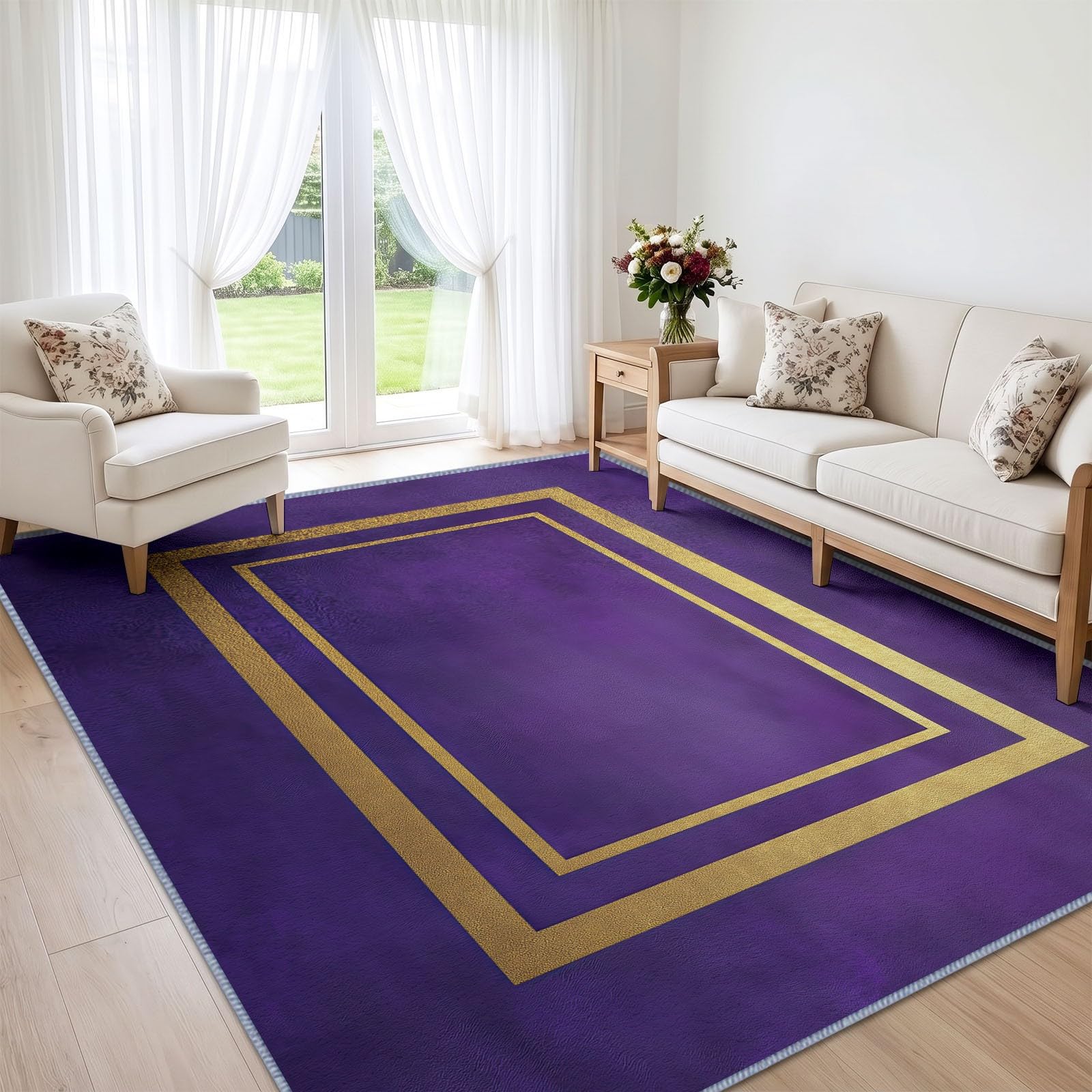 Alfombra lavable de salón con cenefa mullida geométrica lila oscuro de 140 x 200 cm
