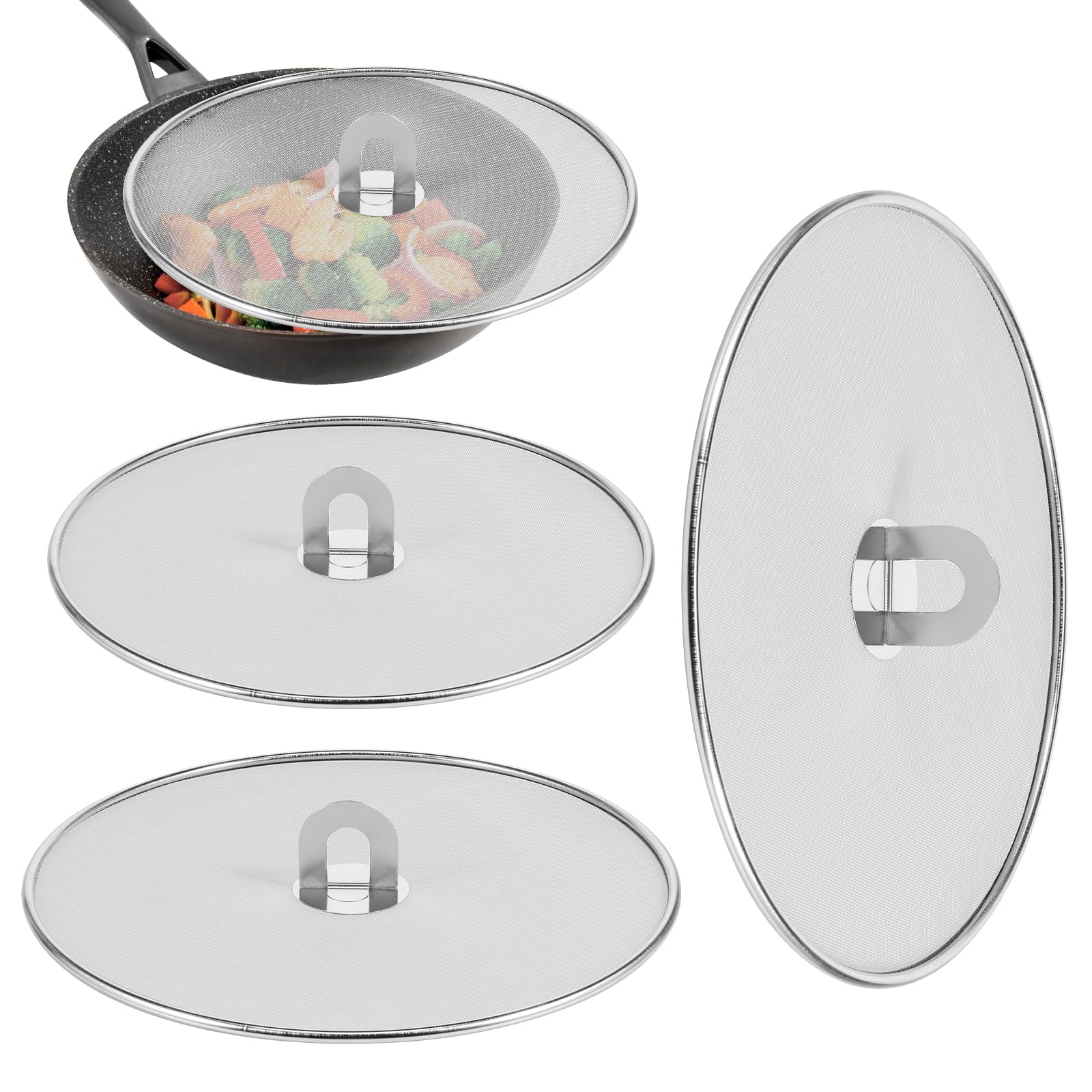 RVEFOT 3 Pcs Splatter Guard Stainless Steel Frying Pan Splatter Screen Splash Proof Oil Splatter Cover with Foldable Handle Mesh Oil Proofing Lids for Cooking (9.8 inch, 11.4 inch, 13 inch)