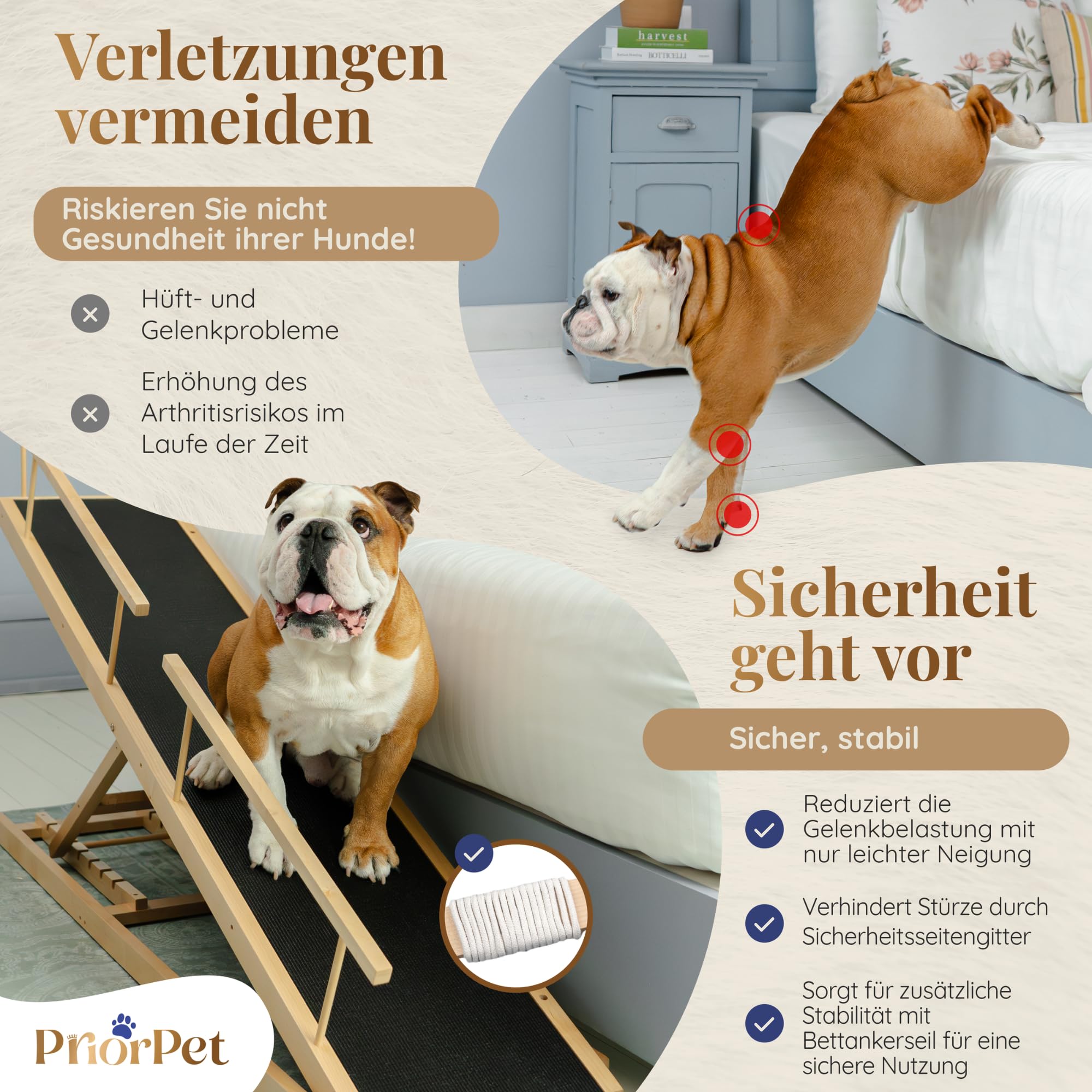 Hunderampe Bett PRIORPET aus Birkenholz mit Sicherheitsgeländer - Höhenverstellbare hundetreppe für Betten bis zu 94.5cm - Klappbar - Anti-Rutsch-Griff - Für kleine Hunde bis zu 23kg - Naturel