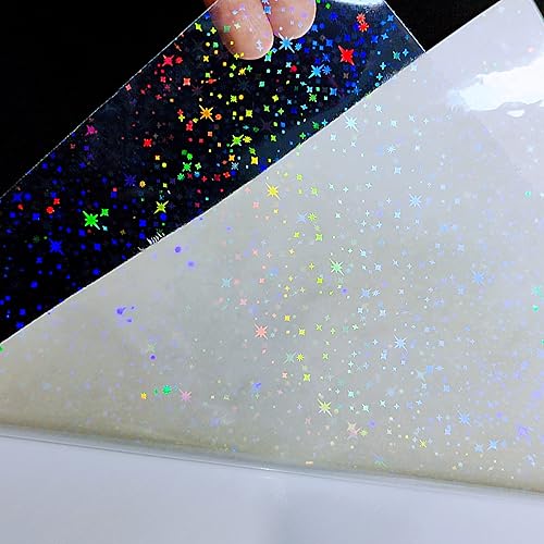 Miniatura 2 de Bleidruck Papel adhesivo holográfico de estrellas de 12 pulgadas x 20 pies, diseño de arco iris, autoadhesivo, impermeable, transparente, película