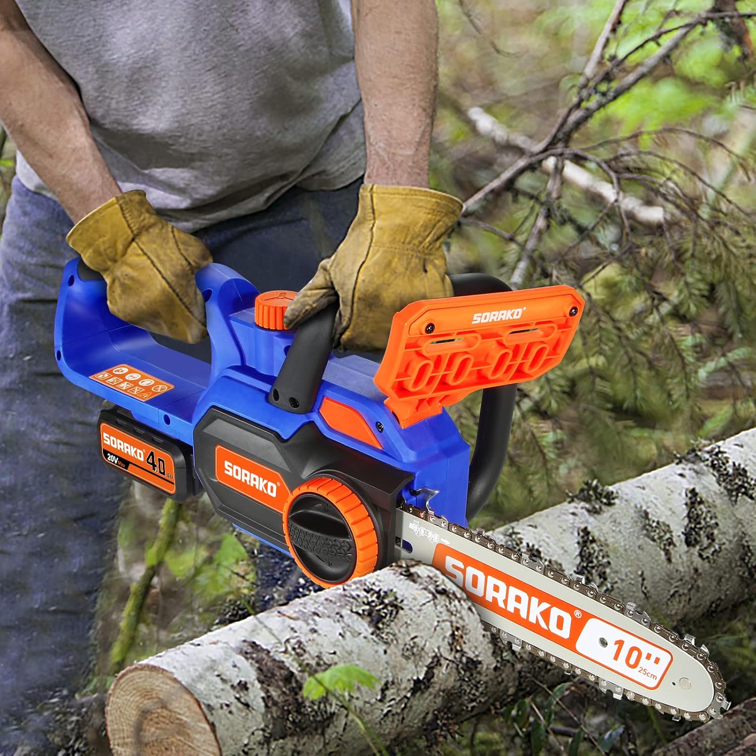 User cutting a log with SORAKO chainsaw