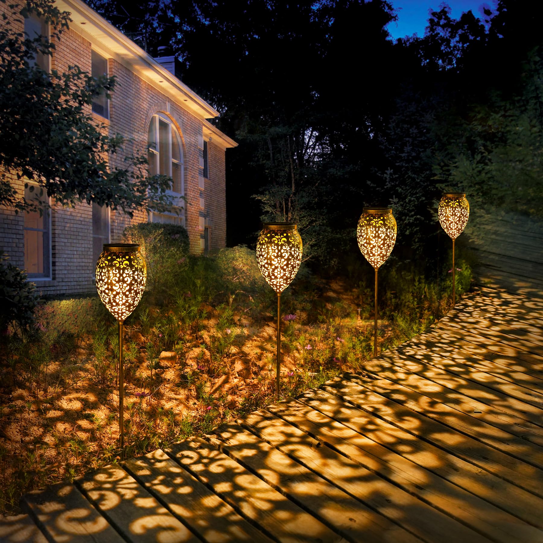 JOYCREATOR Solarlampen für Außen Garten 4 Stück, Orientalische Garten Solarleuchten für Außen Metall IP65 Wasserdicht, LED Gartenleuchten Solar Bronze 52/69 cm mit Erdspieß für Balkon Terrasse