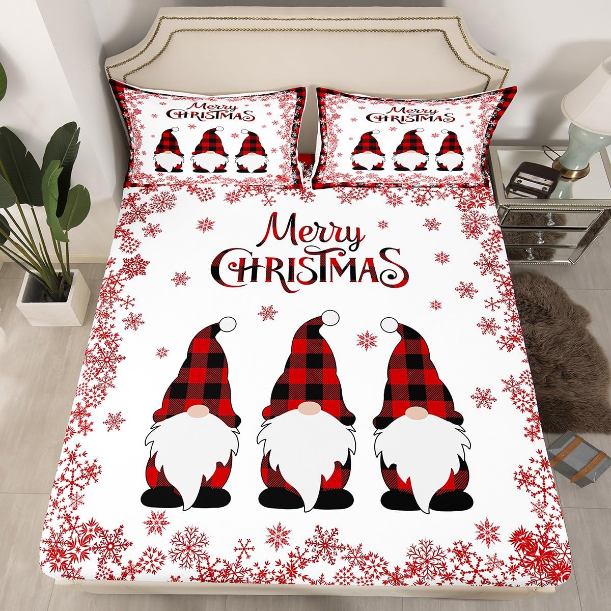 Xmas Gnomes Fitted Sheet King Size, Red Plaid Snowflake Bedding Set 3pcs for Kids Girls Adults Room Decor, Christmas Theme Bed Cover with 2 Pillowcases, Soft Polyester Bedding — image 1