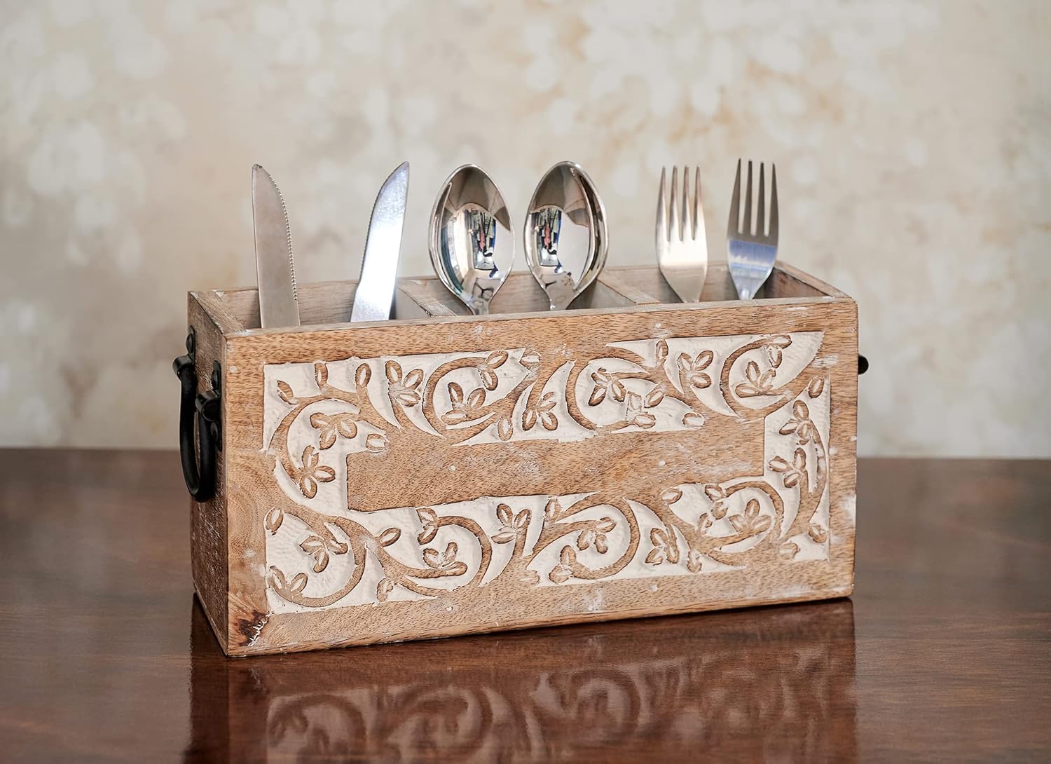 Farmhouse Decor 3 Compartment Silverware Holder Utensil and Cutlery Caddy for Parties Countertop Organizer for Spoon Fork and Knife Remote Control Holder Basket 10 x 4.5 x 5 Inches (Design 4)