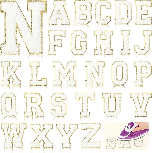 NICEVINYL Parches de letras de felpilla para planchar Parches de letras universitarias blancas bordadas de 3.14 pulgadas