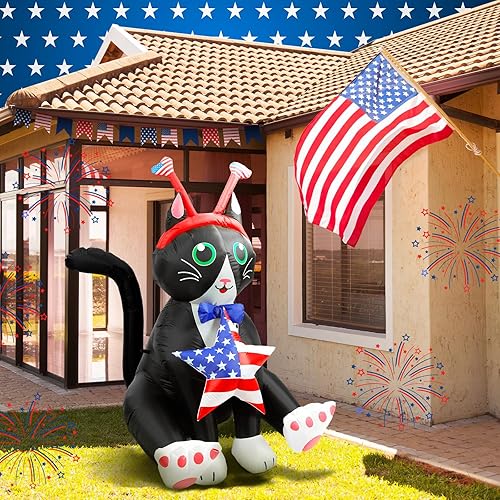 Miniatura 2 de Inflables patrióticos de gato de 5 pies de altura con luces LED integradas para el Día de la Independencia, decoración al aire libre para fiesta del