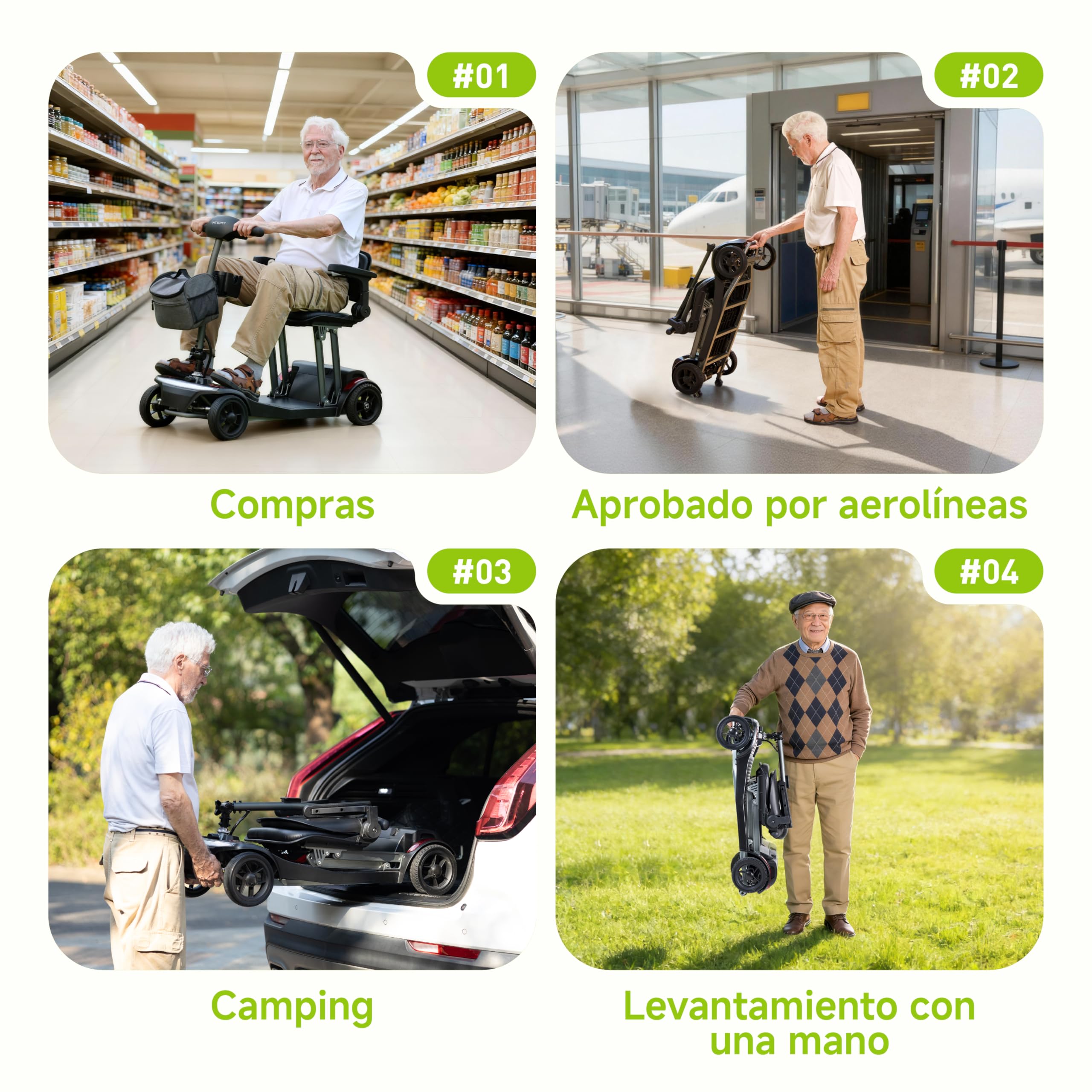 VEEFA Scooter eléctrico adulto 4 Ruedas, Construcción Ligera 20kg | 30km Autonomía 6km/h, Vehículo Eléctrico de Aluminio para Coche/Avión/Tren, Puerto USB, Scooter Minusvalidos