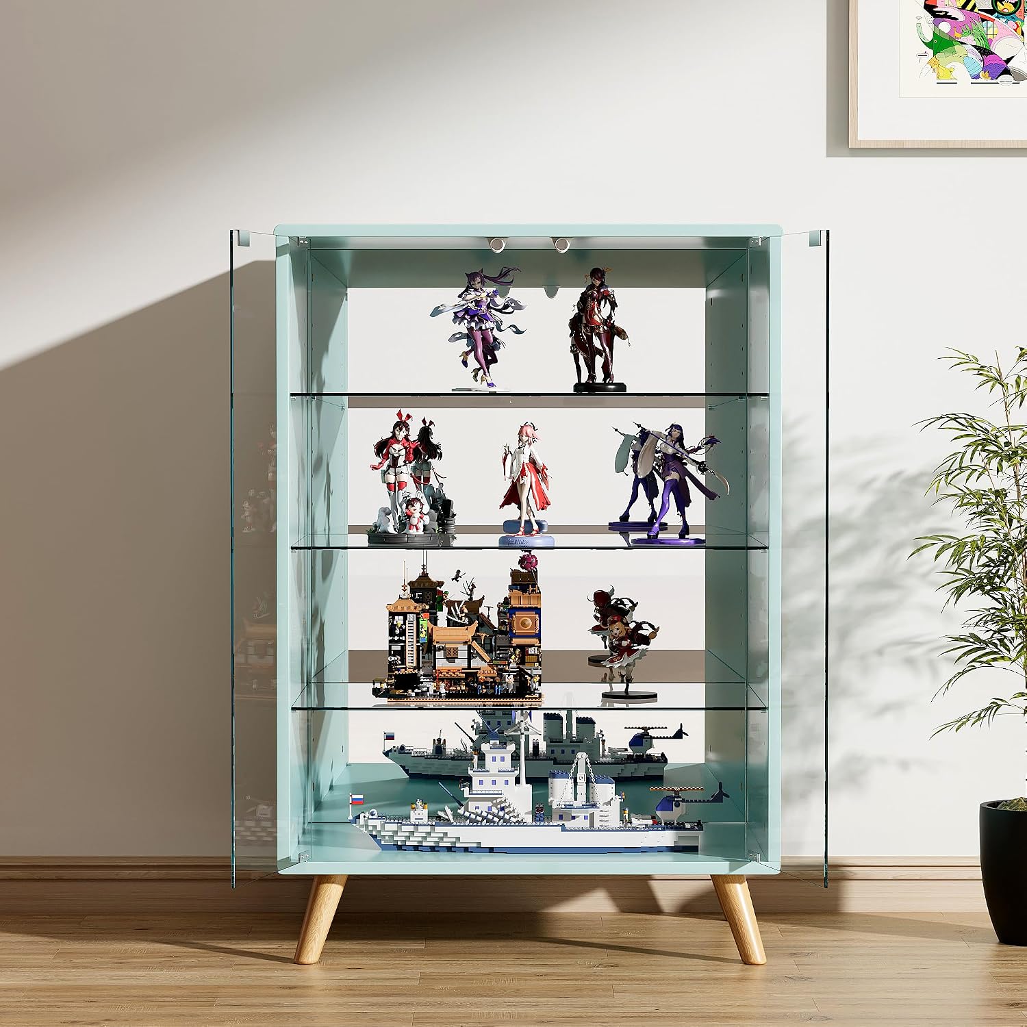 OSJ Figure Display Case, Width 23.6 x Depth 16.9 x Height 34.6 inches, 4 Adjustable Tiers, Glass, Green, Large Capacity, Collection Shelf