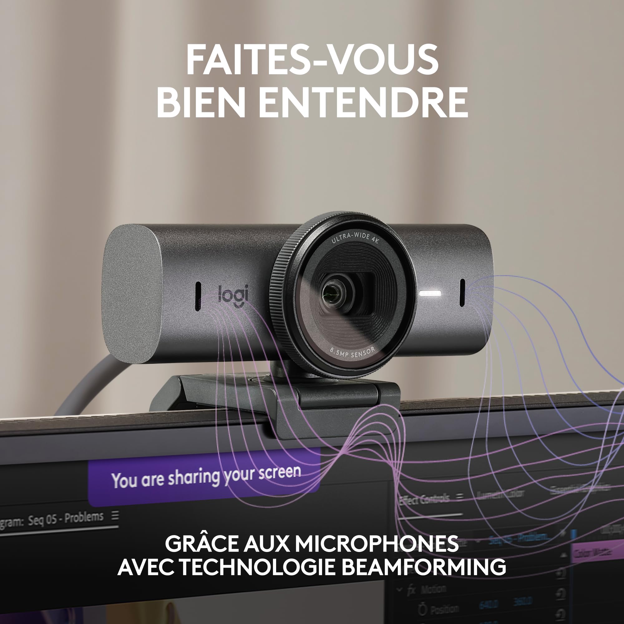Logitech MX Brio Webcam de Collaboration et Streaming 4K Ultra HD, 1080p à 60 IPS, 2 micros avec réduction de Bruit, Show Mode, USB-C, Cache pour Webcam, Microsoft Teams, Zoom, Google Meet, Graphite