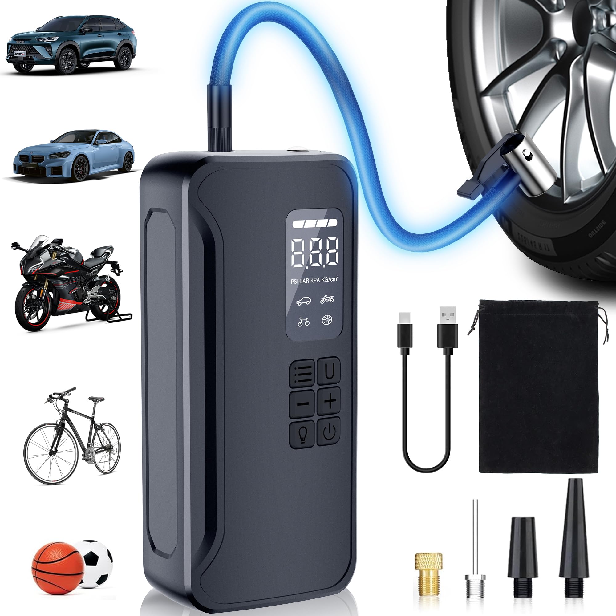 VOURTM Tire Inflator Portable Air Compressor, 150PSI 7200mAh Air Pump for Car Tires - Cordless Electric Tire Pump with Gauge LCD Screen, Ideal for Car, Motorcycle, Bike, Ball