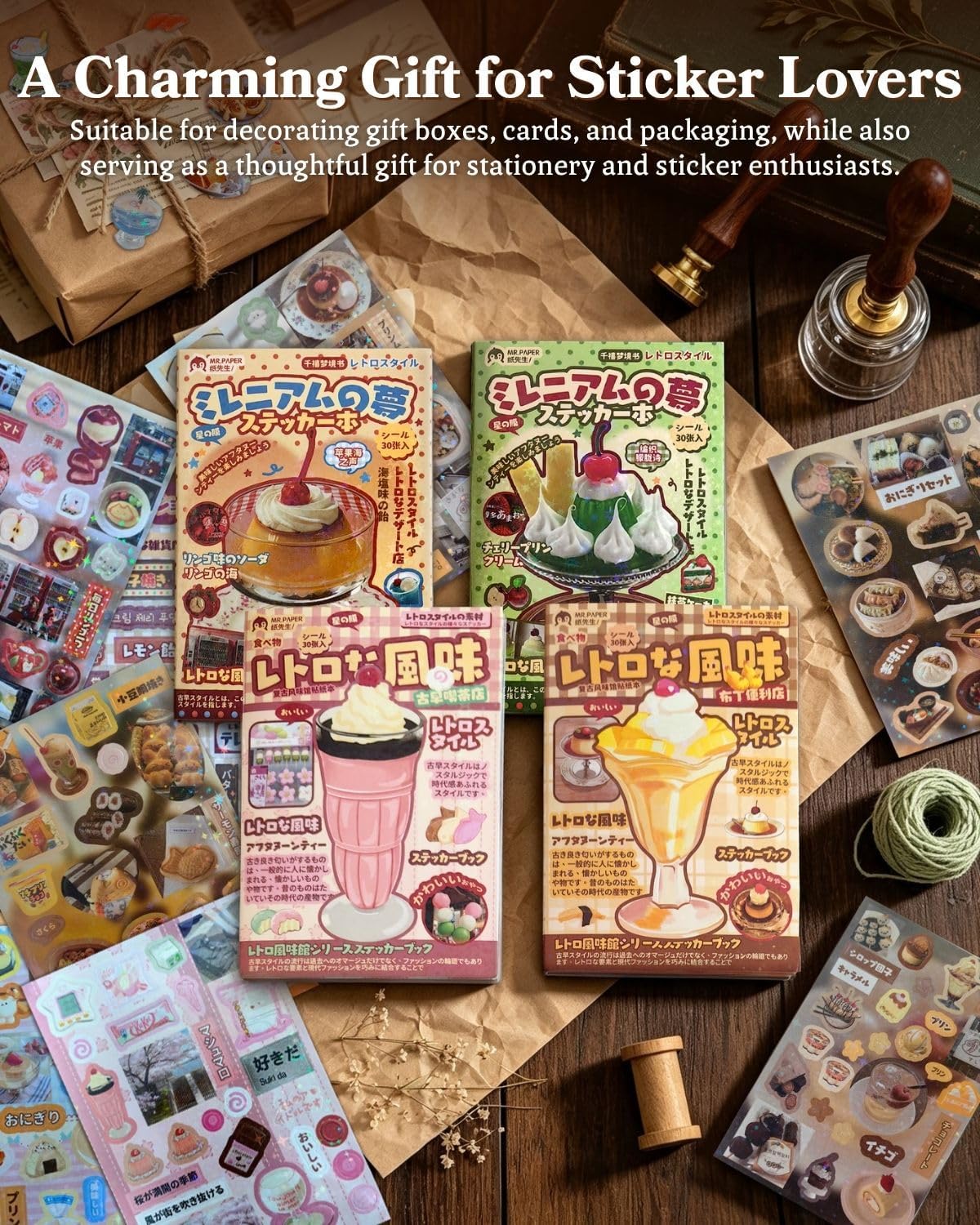 2 Books Kawaii Japanese Sticker Set with Tweezers, 200+ Sheets Holographic Retro Food Decals for Scrapbooking, Aesthetic Vintage Stickers for Journaling & DIY Crafts