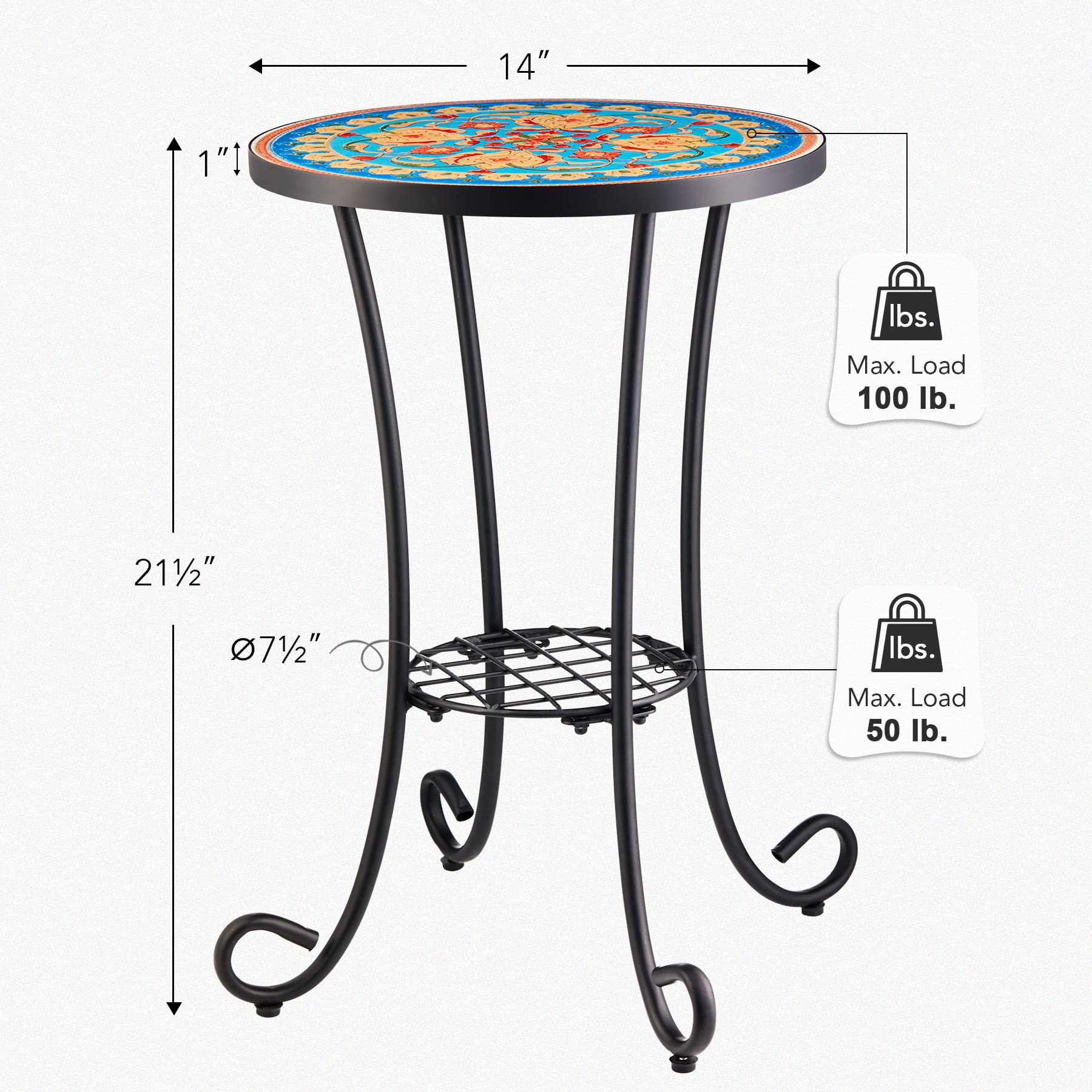 Mesa auxiliar de patio y soporte para plantas, mesa auxiliar de 21 pulgadas con parte superior de azulejos de cerámica de 14 pulgadas para decoración de porche, jardín, mesa decorativa para 7