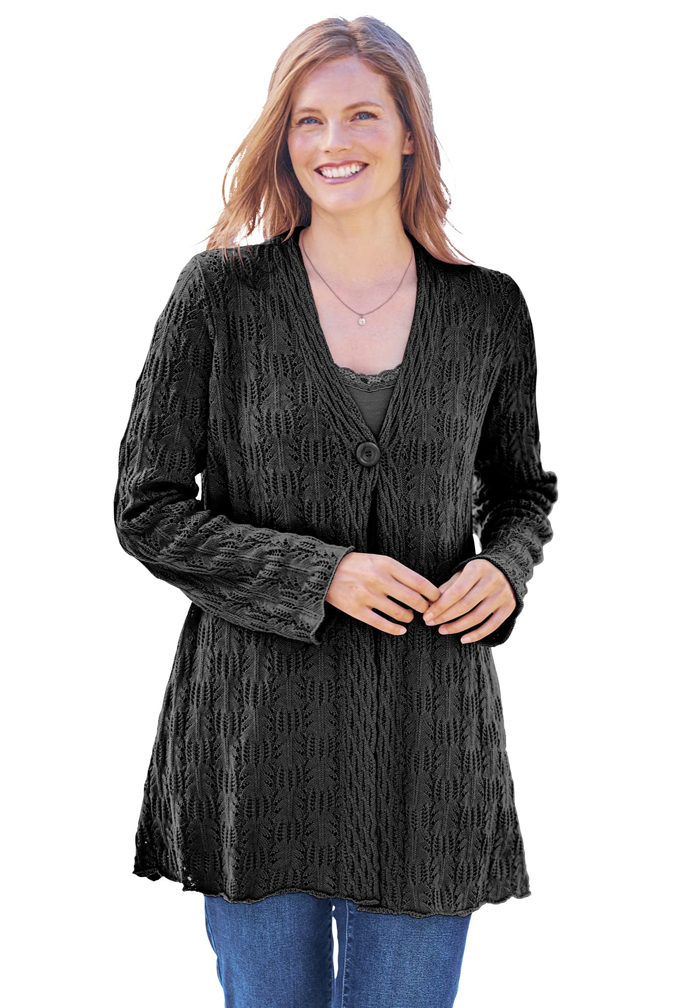 Women's Plus Size Single Button Pointelle Cardigan Sweater