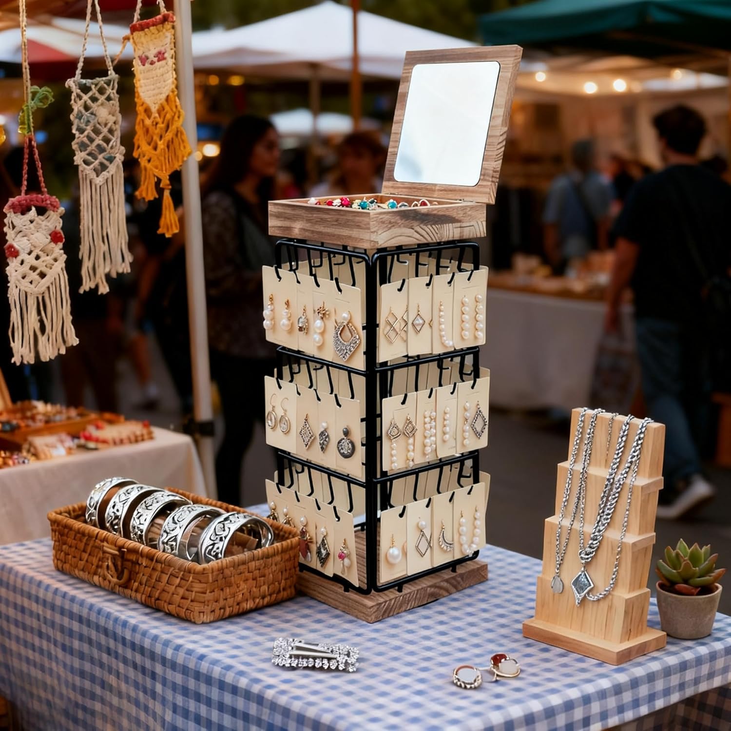 4-Tier 360° Rotating Earring Display Stand, Tool-Free Assembly Jewelry Organizer with Upgraded Velvet Tray & Mirror Top, for Vendors, Craft Fairs, Home Use