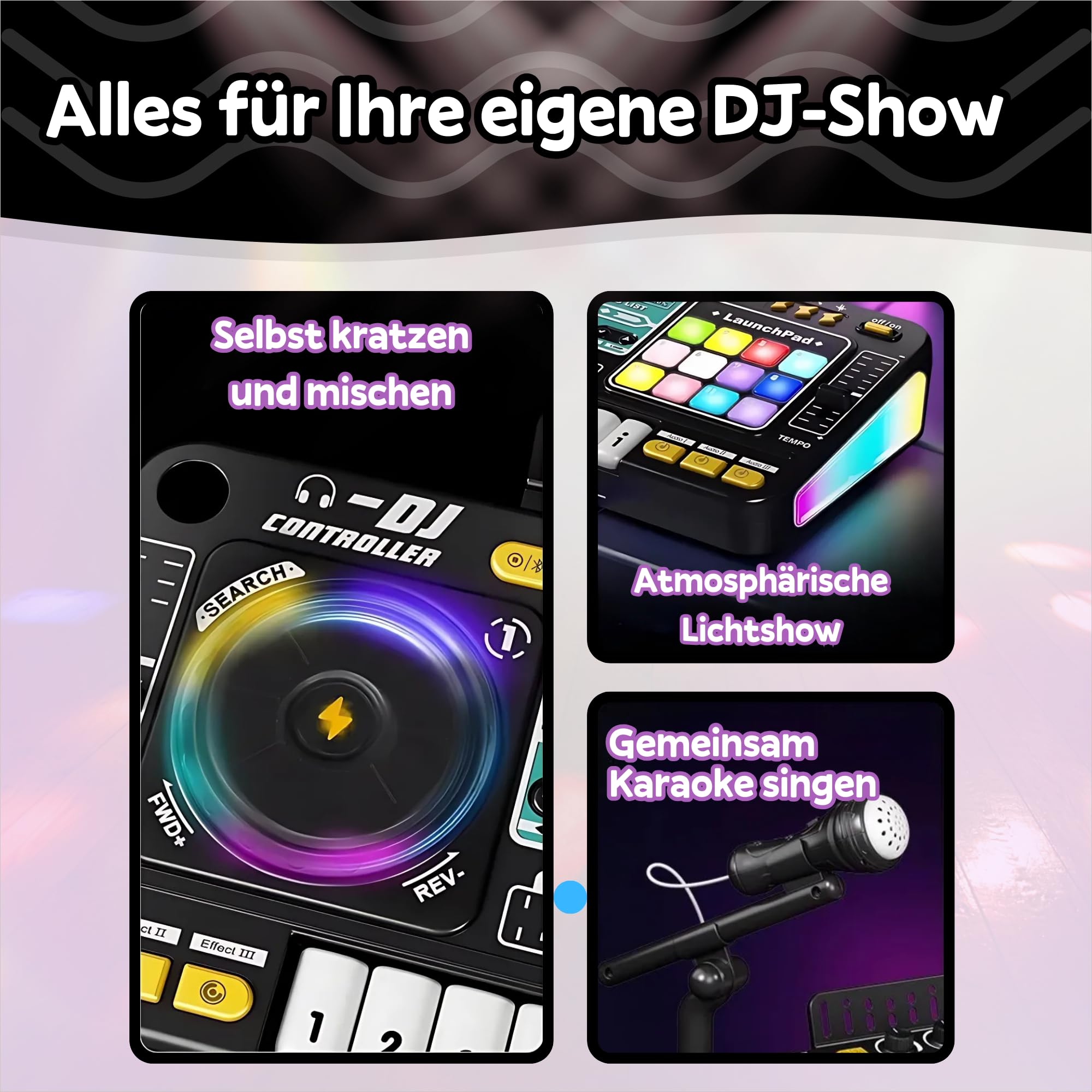 DJ Set für Kinder mit Mischpult & Mikrofon, DJ Pult für Anfänger mit Lichtshow, Bluetooth Verbindung & Touchpads, Wiederaufladbares DJ Mischpult Kinder Spielzeug für Musik & Kreatives Spielen