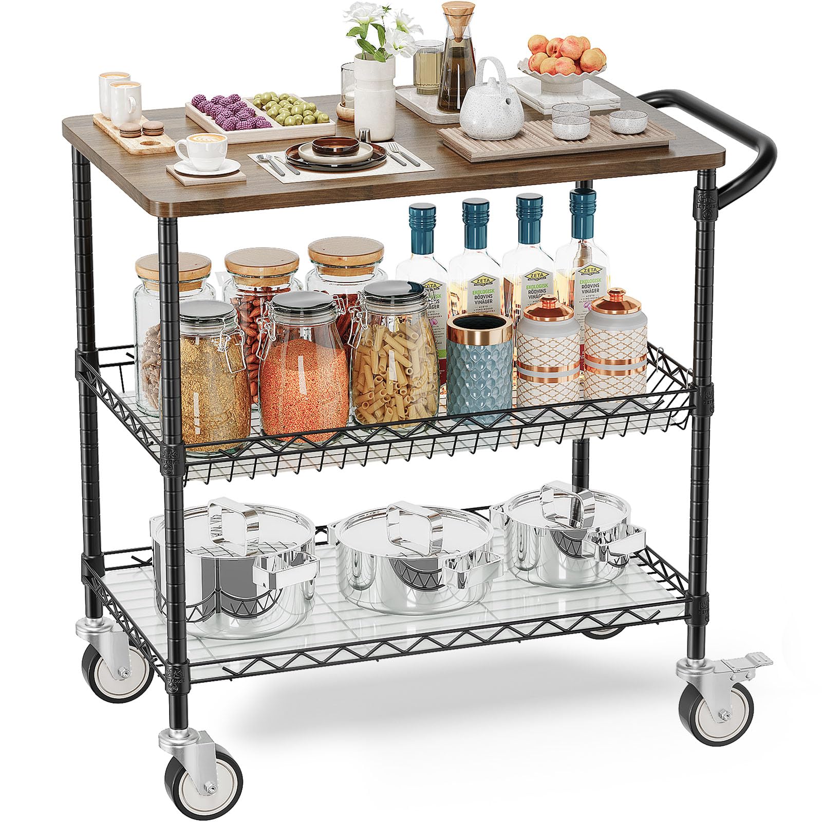 Leteuke Rolling Kitchen Carts with Wheels, 34" L x 17.5" W, 3-Tier Heavy Duty Utility Cart with Wood Tabletop, NSF Commercial Metal Serving Cart with Handle and Shelf Liner for Kitchen, Black