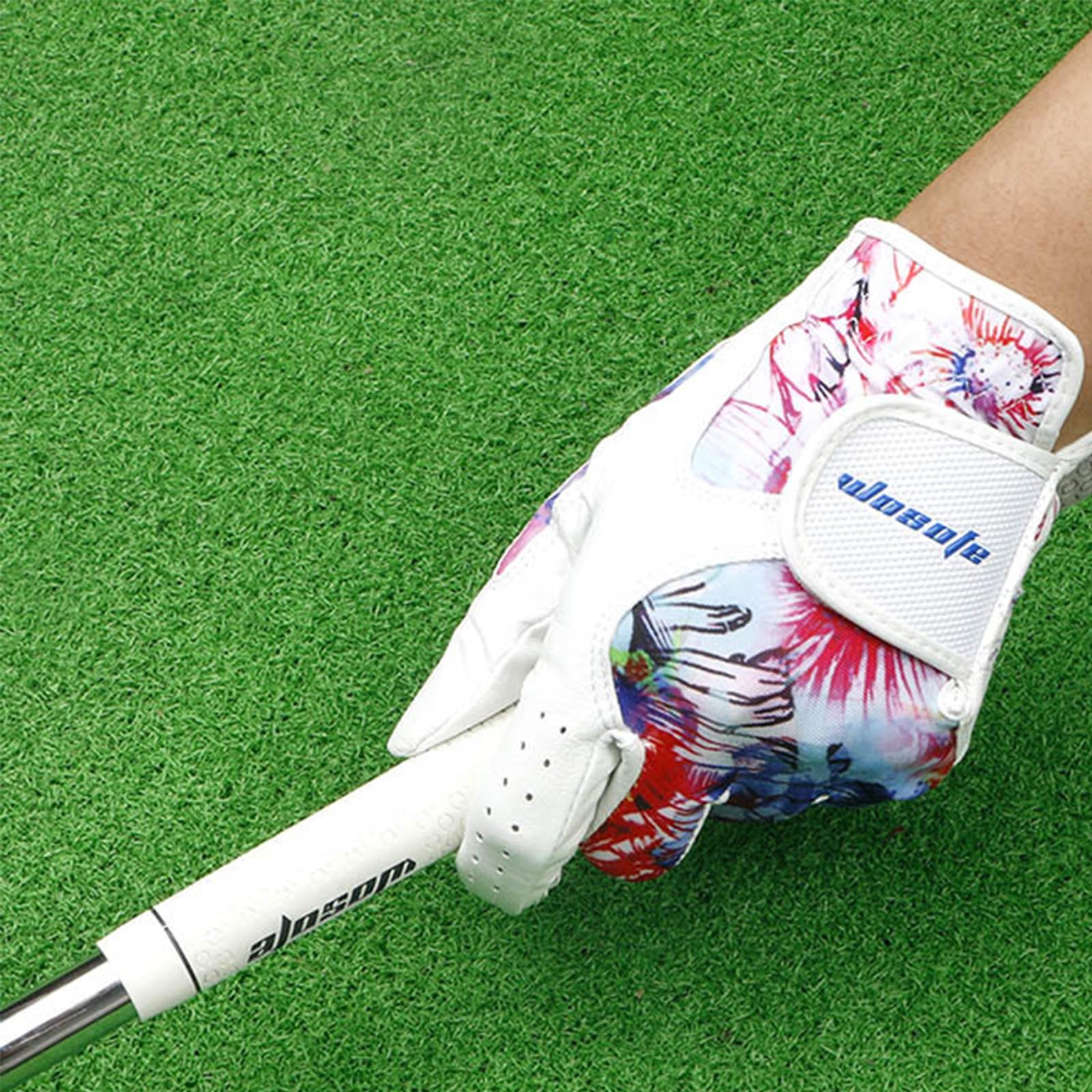 1 Paar Damen-Golfhandschuhe, Farbig Bedruckt, Hochwertiger Damen-Golfhandschuh für die Linke und Rechte Hand, Weiches Leder, Atmungsaktiv, Bequem,M(Length18.5cm)
