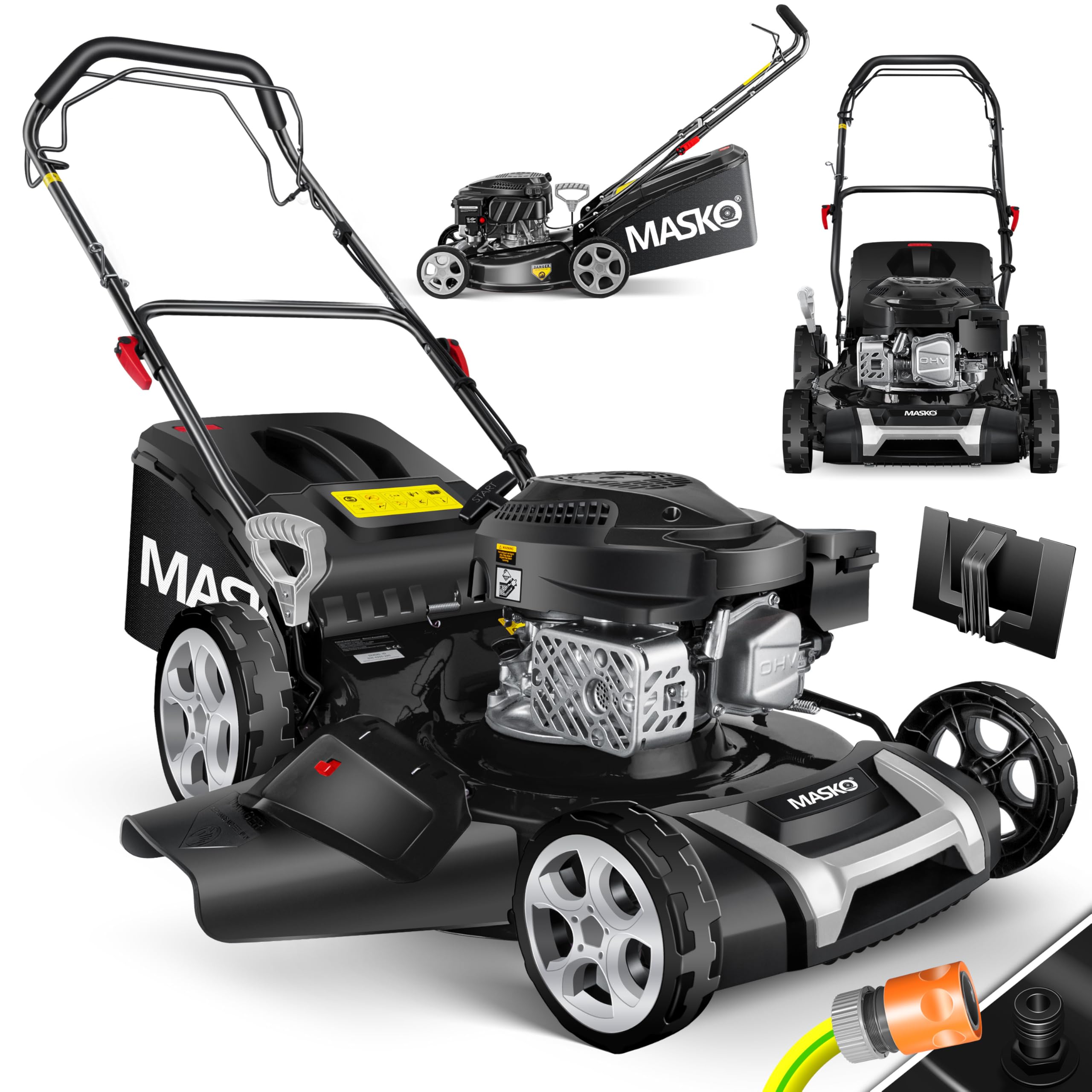MASKO® Benzin Rasenmäher 5in1 | 51 cm Schnittbreite | 8- fache Schnitthöhenverstellung | 4 Takt OHV Motor 6,0 PS | 65 Liter Fangkorb| Inkl. Mulch- Kit, Seitenauswurf