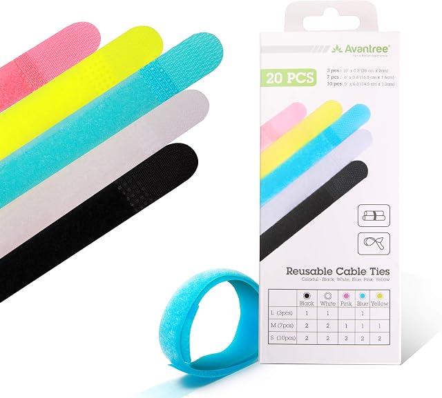 Avantree Pack of 20 Reusable Cord Organizer Keeper Holder, Fastening Cable Ties Straps for Earbud Headphones Phones Electronics Electrical Computer PC wire wrap Management, Assorted 3 Size and 5 Color