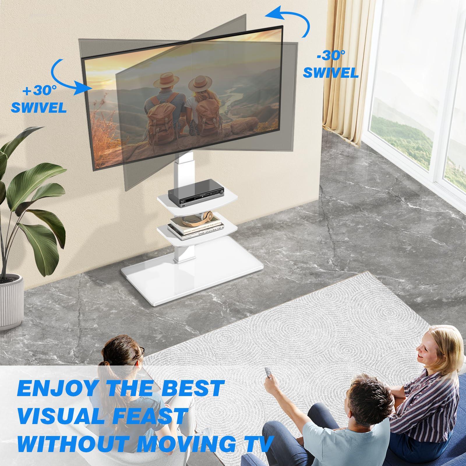 RFIVER Supporto TV da Pavimento per 32-70 pollici Schermo piatto LCD/LED, regolabile in altezza con bianco Girevole in Vetro Temperato Nero Max VESA 400x400mm, Supporto TV Fino a 50kg | Mobile TV alto universale, girevole in altezza, supporto TV angolare,