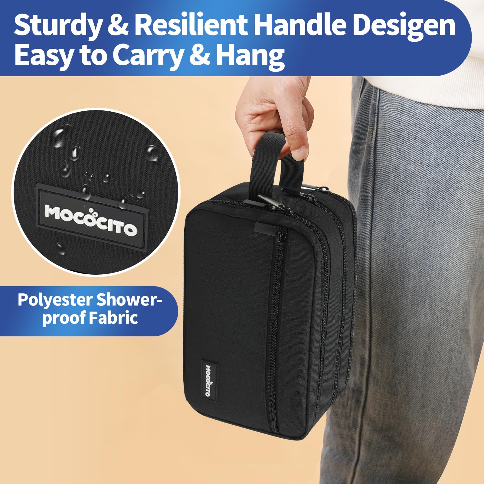 Visiter la boutique MOCOCITO Petit Trousse de Toilette avec Poignée pour Hommes & Femmes, Sac de Rangement Portable pour Rasoir, Produits de Soin, Pinceaux de Maquillage et Outils in use