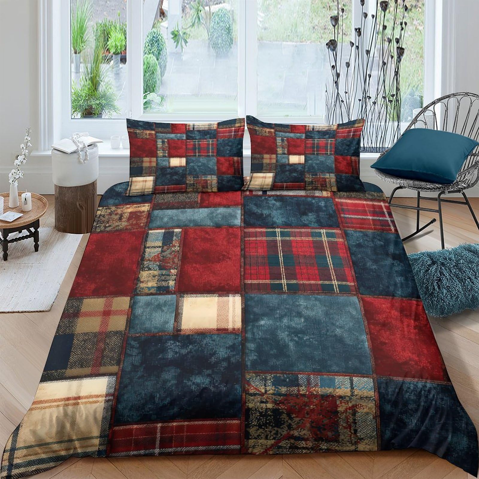 GPLZQXKJNH 3D Printed Patchwork Plaid Duvet Cover Microfiber Soft Breathable Retro Tartan Bedding Set with 2 Pillowcases for Bedroom Decor Single（135x200cm）