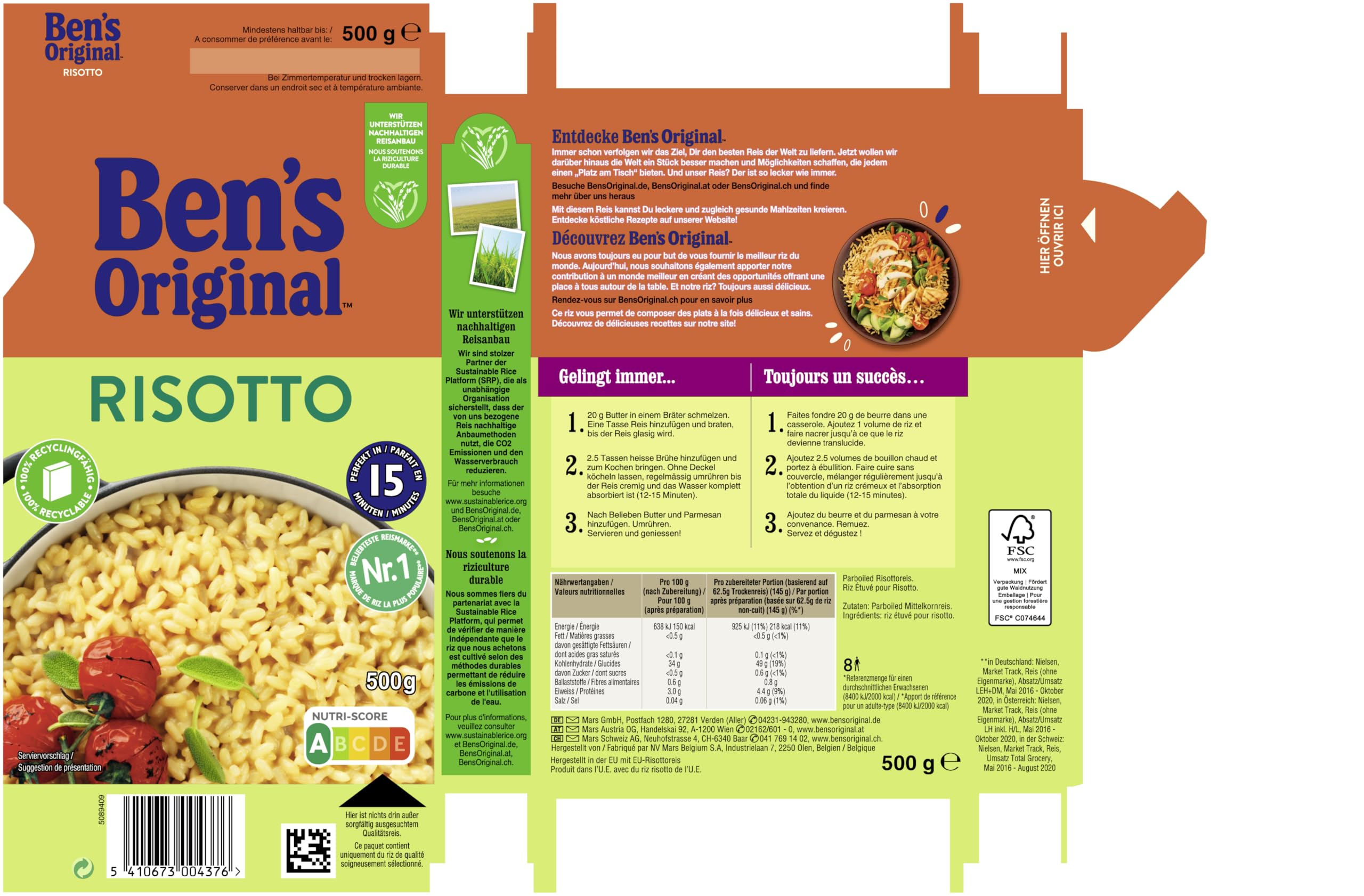 BEN'S ORIGINAL™ Loser Reis Risotto 12x500g | Risotto Reis lose, Cremiges Ergebnis, Ideal für klassisches Risotto