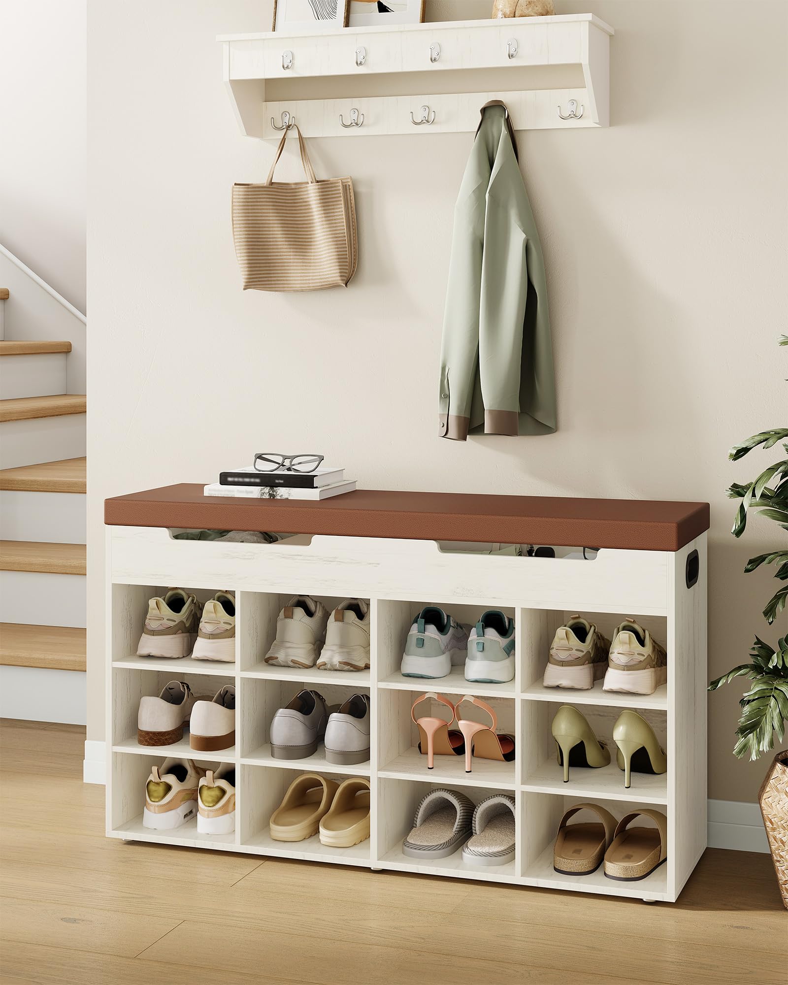 Hzuaneri Banco Zapatero, Zapatero con Asiento, Banco con Espacio de Almacenamiento, 12 Compartimentos, Estantes Extraíbles, Edecuado para Salón, Pasillo, Entrada 30 x 100 x 55,4 cm Marrón y Blanco