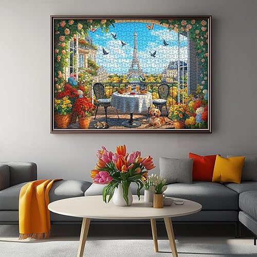 Miniatura 3 de Rompecabezas de París de 1000 piezas, rompecabezas de paisaje de flores, con pájaros, perros, gatos, mariposa, torre Eiffel, naturaleza, escénico,